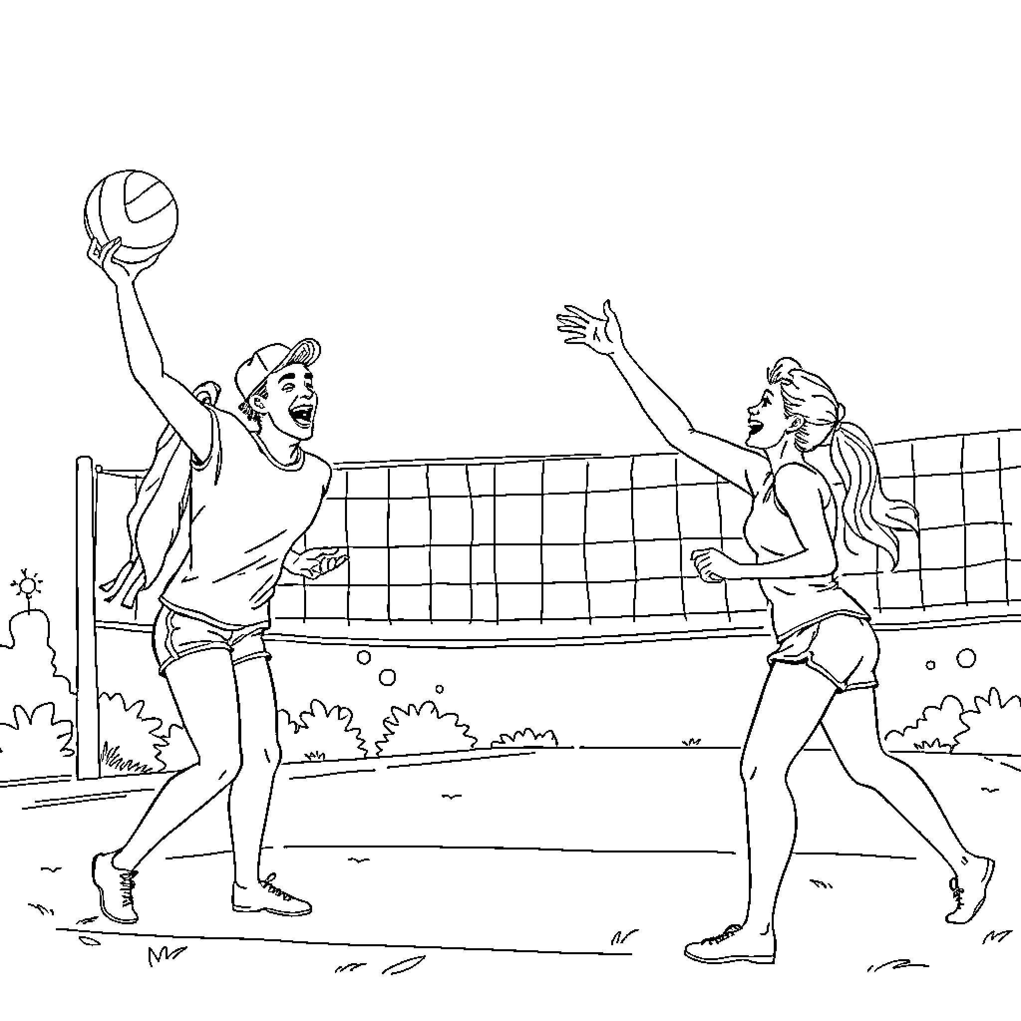 Cat playing volleyball on the beach Coloring Page (free black-and-white line drawing printable PDF for all, from beginners to advanced learners, including children, teens, adults, and seniors)