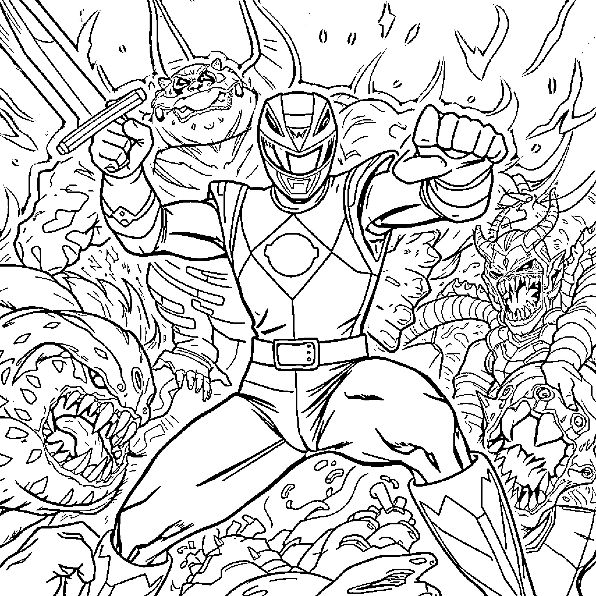 Green Ranger battles monstrous foes Coloring Page (free black-and-white line drawing printable PDF for all, from beginners to advanced learners, including children, teens, adults, and seniors)