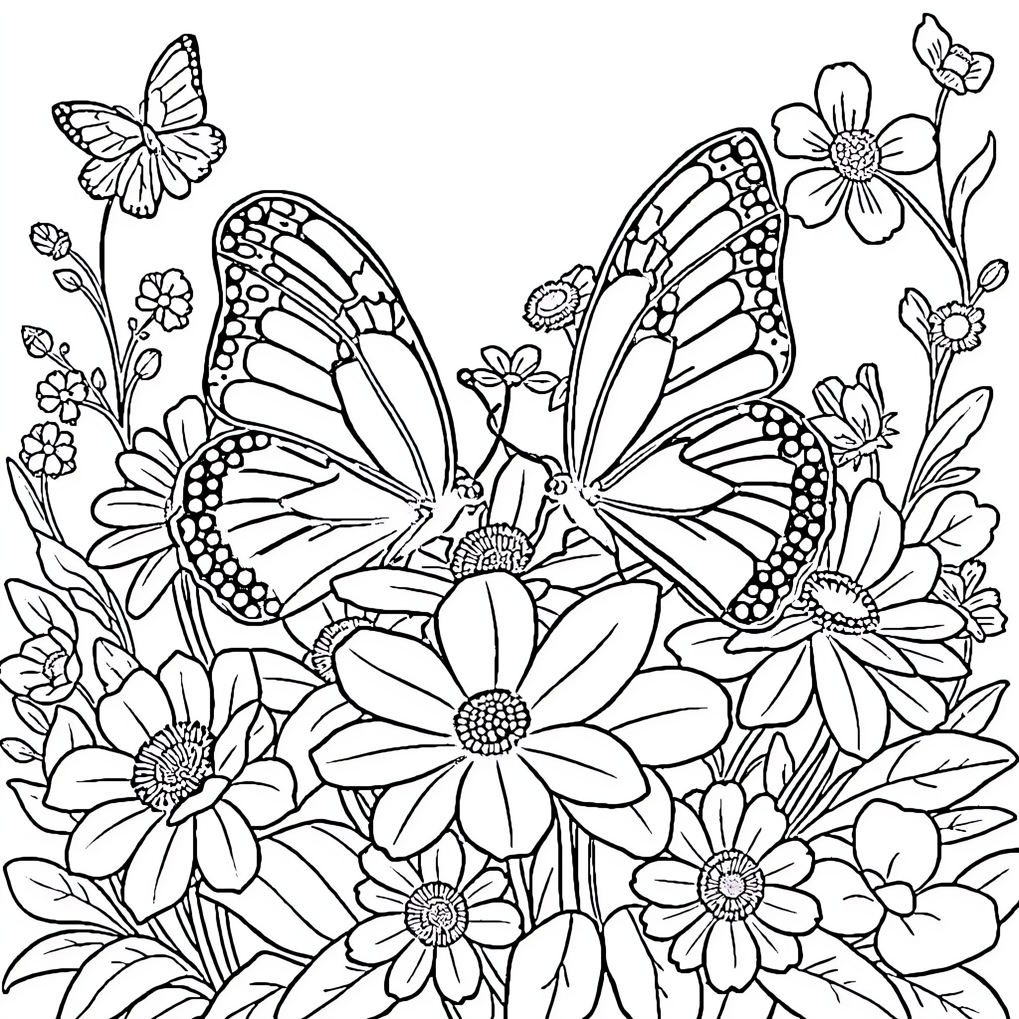 Butterfly floating among a garden of flowers Coloring Page (free black-and-white line drawing printable PDF for all, from beginners to advanced learners, including children, teens, adults, and seniors)