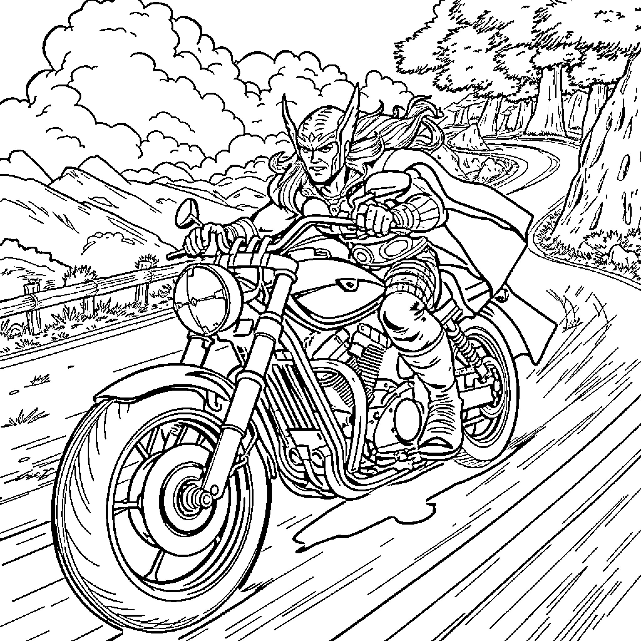Thor Riding a Powerful Motorcycle Through Rugged Terrain Coloring Page (free black-and-white line drawing printable PDF for all, from beginners to advanced learners, including children, teens, adults, and seniors)