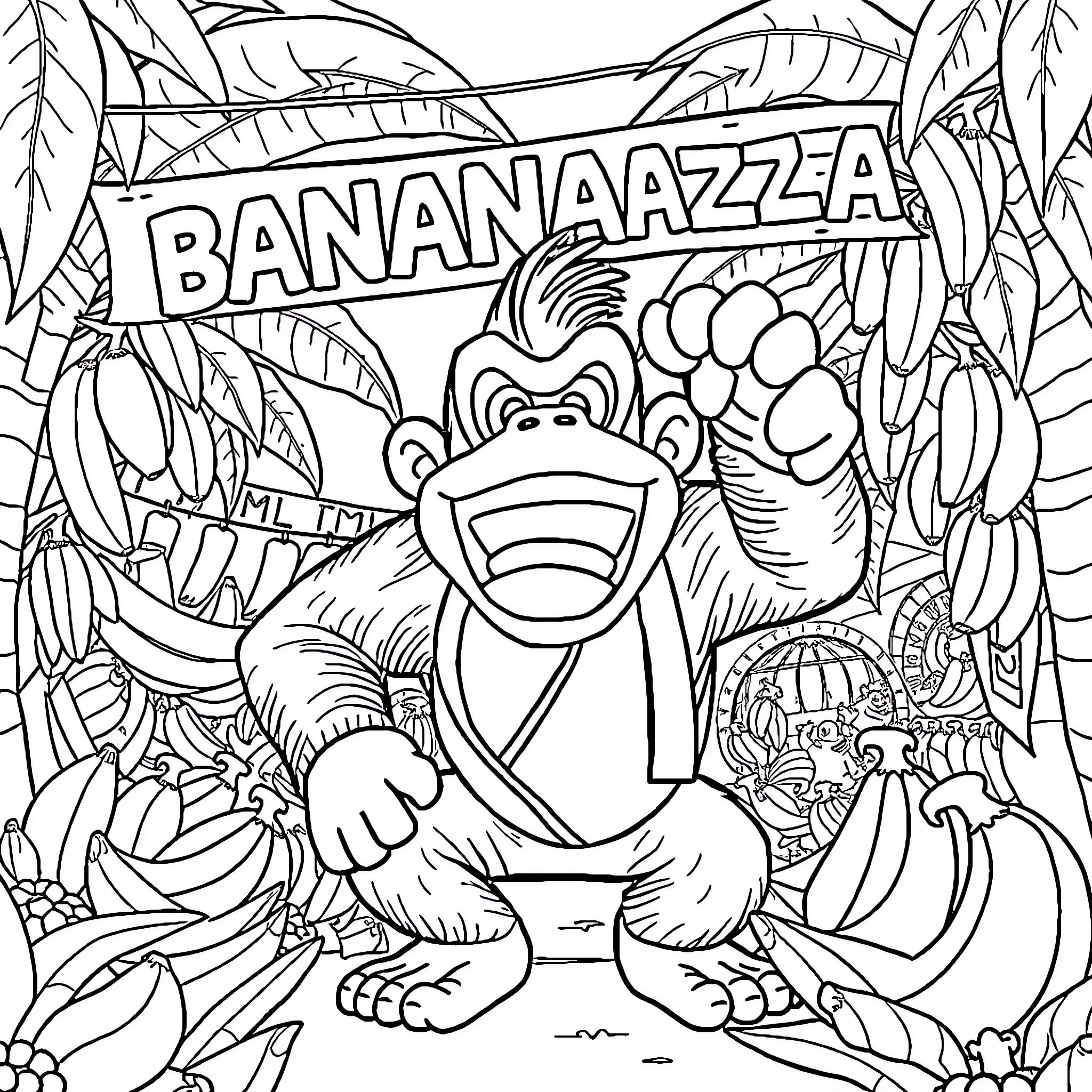 Donkey Kong in Banana-filled Jungle Landscape Coloring Page (free black-and-white line drawing printable PDF for all, from beginners to advanced learners, including children, teens, adults, and seniors)