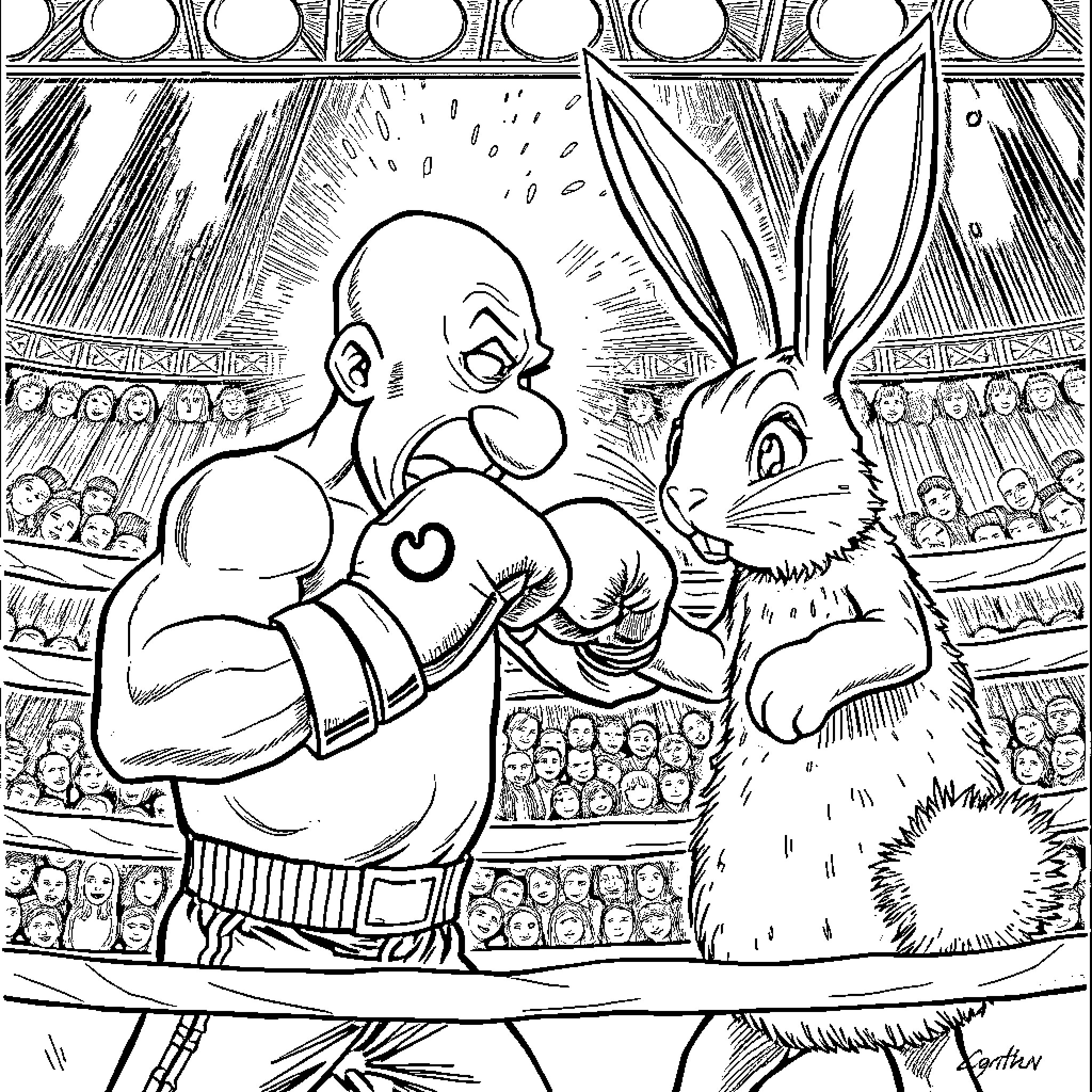 Larry David's Comical Encounter with an Energetic Rabbit Coloring Page (free black-and-white line drawing printable PDF for all, from beginners to advanced learners, including children, teens, adults, and seniors)