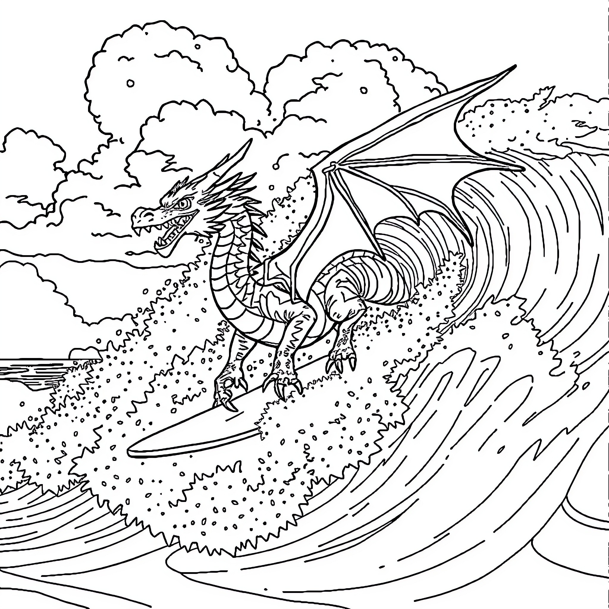 Dragon surfing huge waves in stormy seas Coloring Page (free black-and-white line drawing printable PDF for all, from beginners to advanced learners, including children, teens, adults, and seniors)