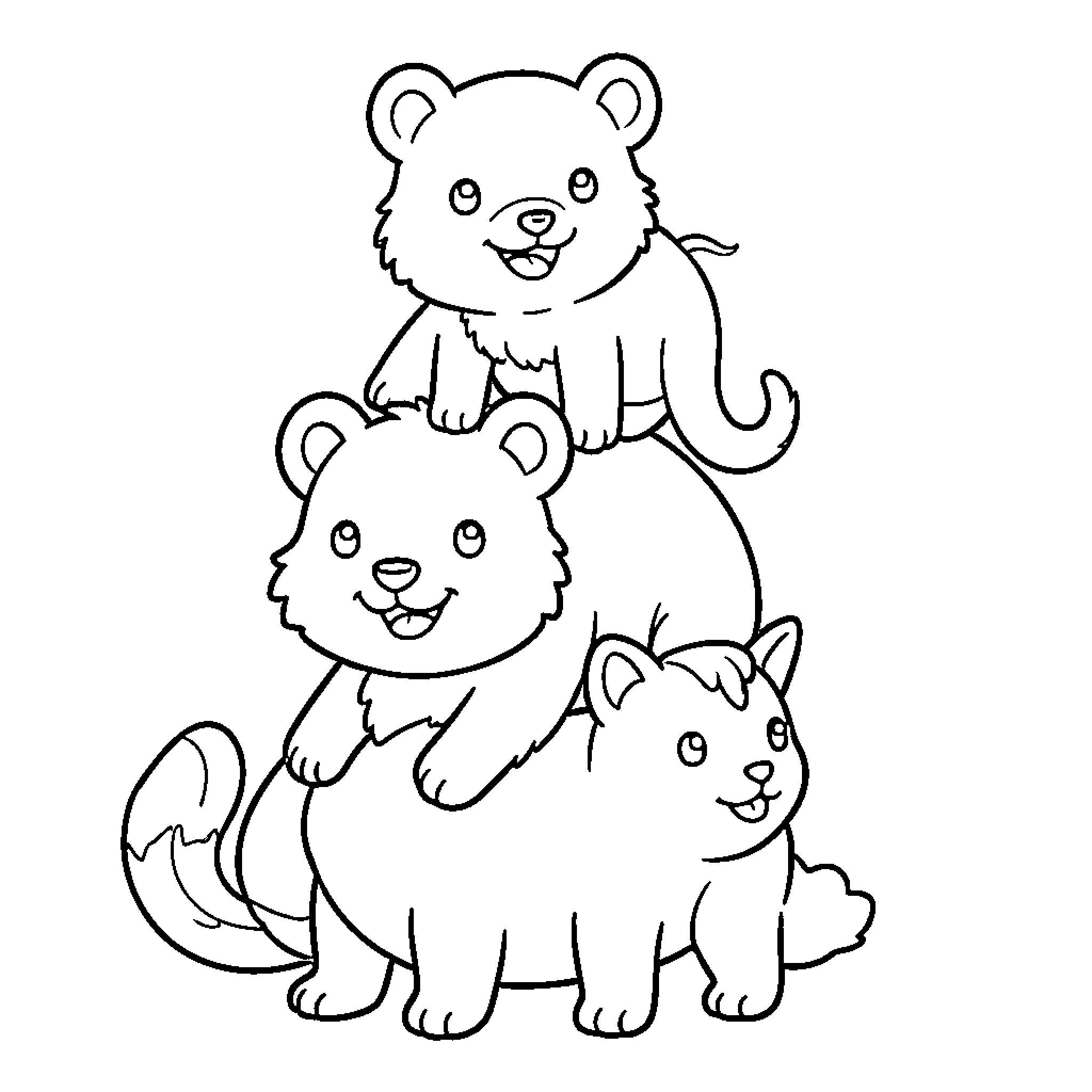 Animal trio of playful cubs Coloring Page (free black-and-white line drawing printable PDF for all, from beginners to advanced learners, including children, teens, adults, and seniors)