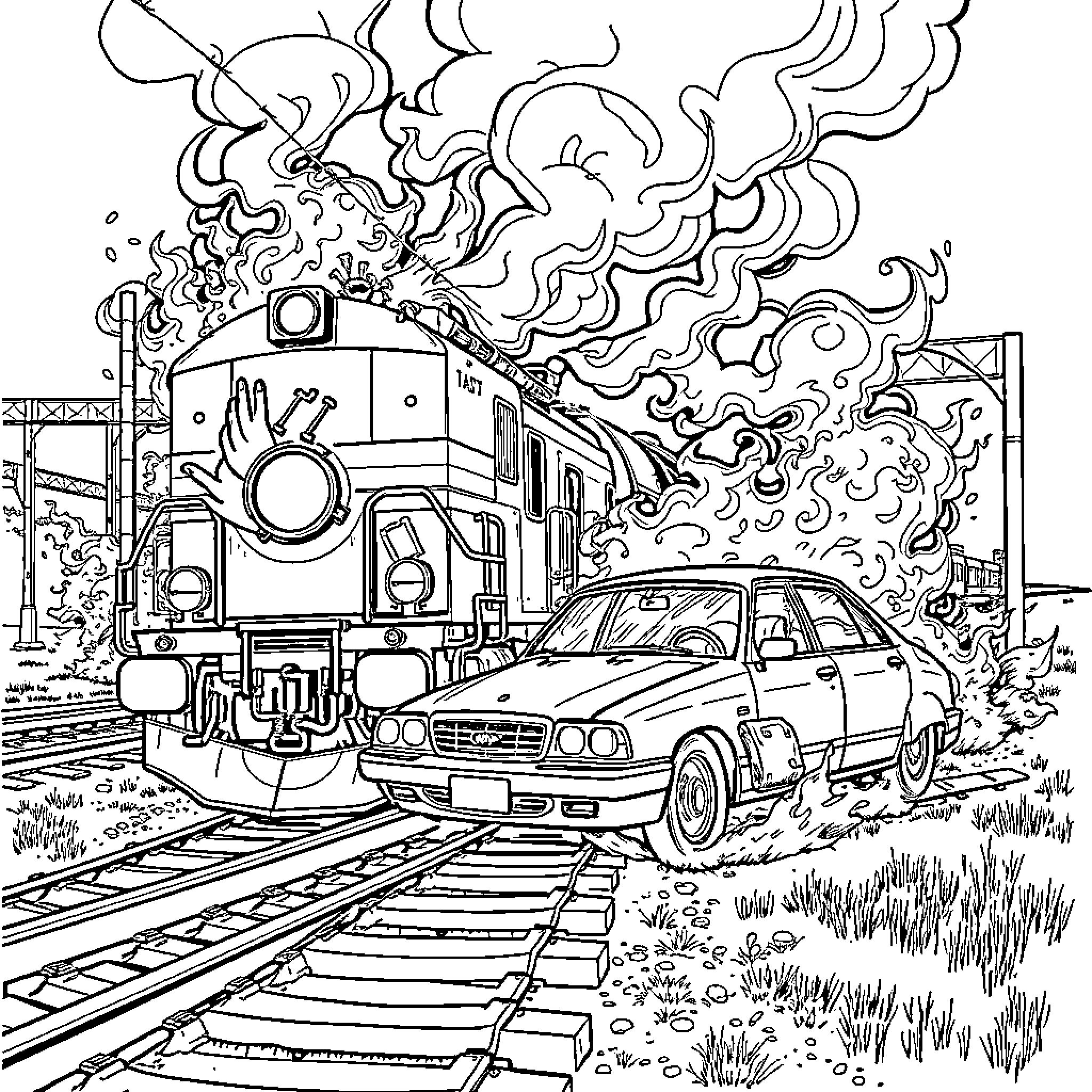 Train speeding through a fiery landscape Coloring Page (free black-and-white line drawing printable PDF for all, from beginners to advanced learners, including children, teens, adults, and seniors)
