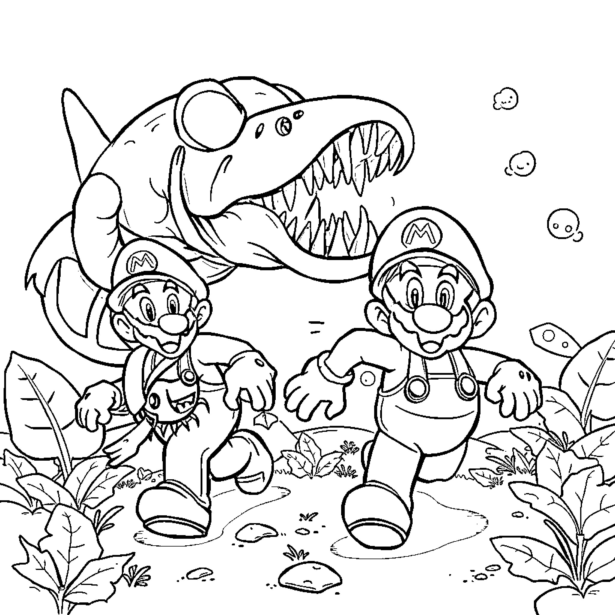 Mario and Luigi Explore the Aquatic Adventure Coloring Page (free black-and-white line drawing printable PDF for all, from beginners to advanced learners, including children, teens, adults, and seniors)