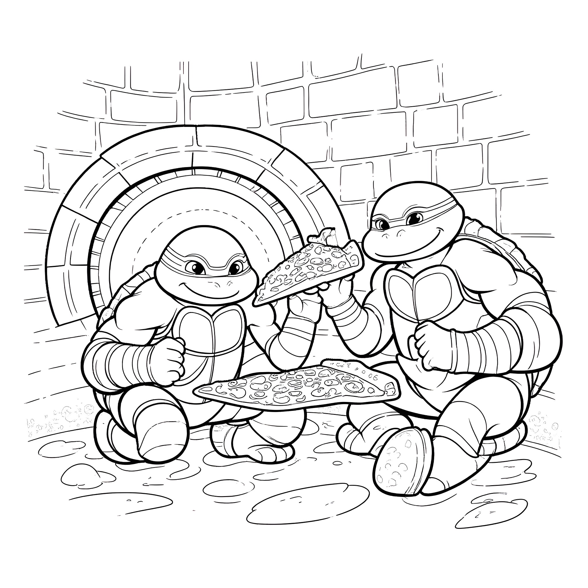 Teenage Mutant Ninja Turtles Enjoying Pizza Together Coloring Page (free black-and-white line drawing printable PDF for all, from beginners to advanced learners, including children, teens, adults, and seniors)