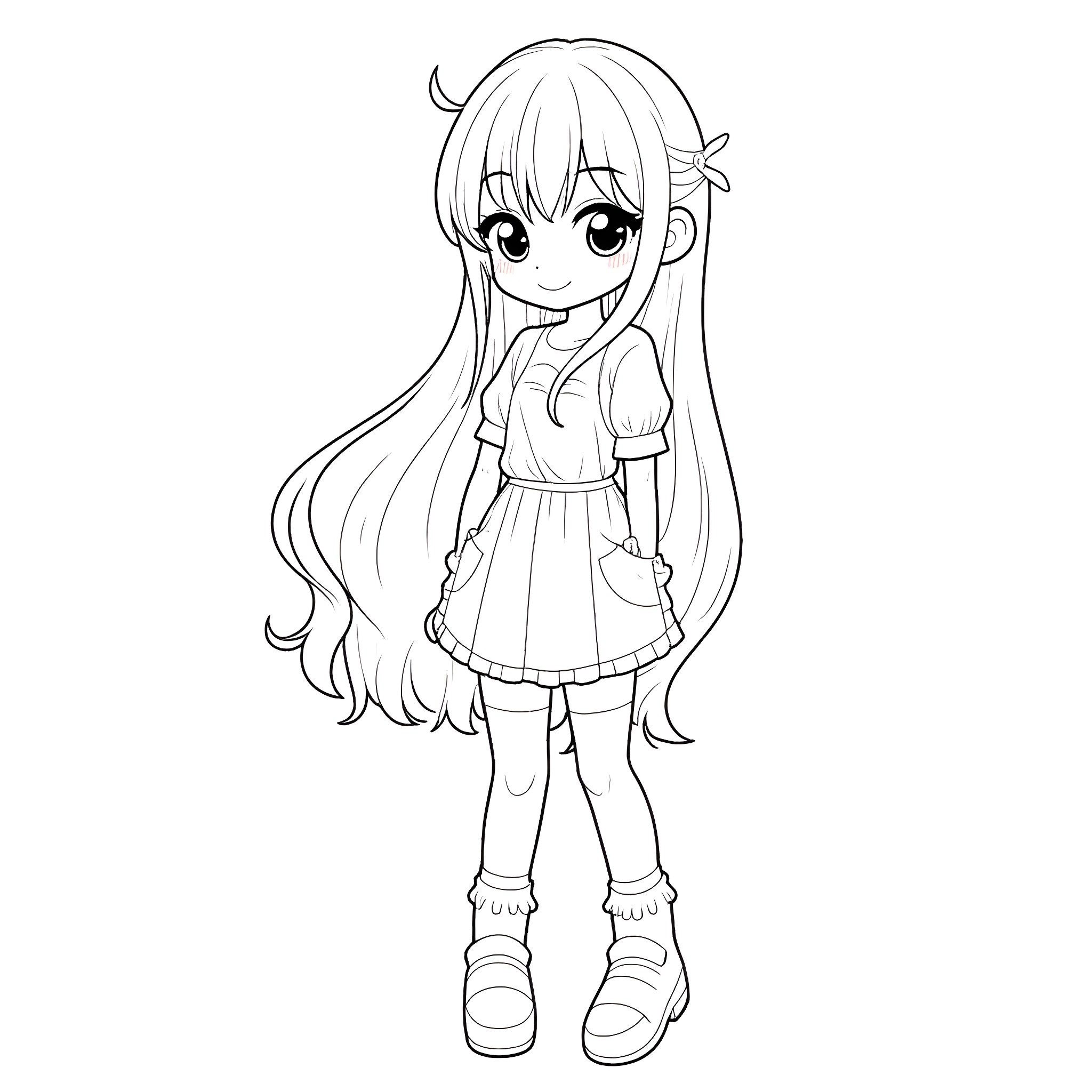 Anime Girl with Long Hair and Adorable Expression Coloring Page (free black-and-white line drawing printable PDF for all, from beginners to advanced learners, including children, teens, adults, and seniors)