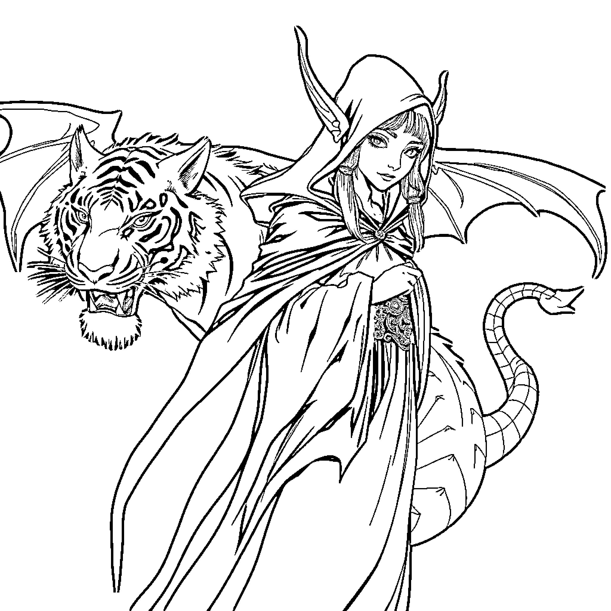 Elf Maiden and Mystical Dragon Coloring Page (free black-and-white line drawing printable PDF for all, from beginners to advanced learners, including children, teens, adults, and seniors)