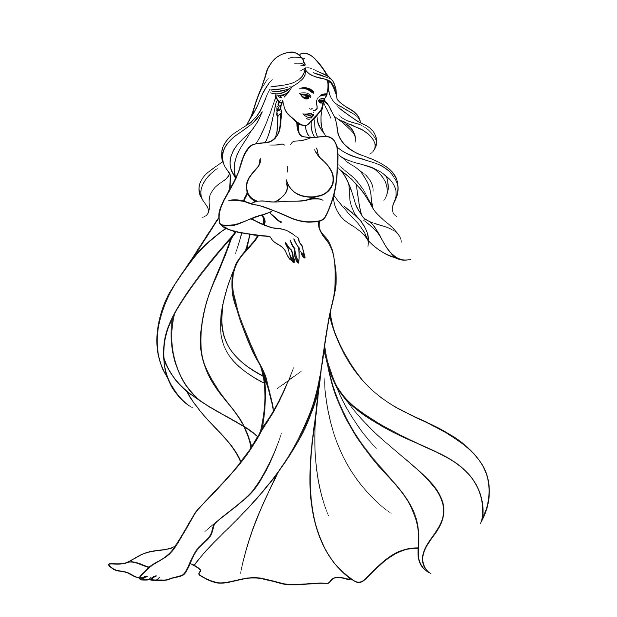 Woman in flowing gown with long hair Coloring Page (free black-and-white line drawing printable PDF for all, from beginners to advanced learners, including children, teens, adults, and seniors)