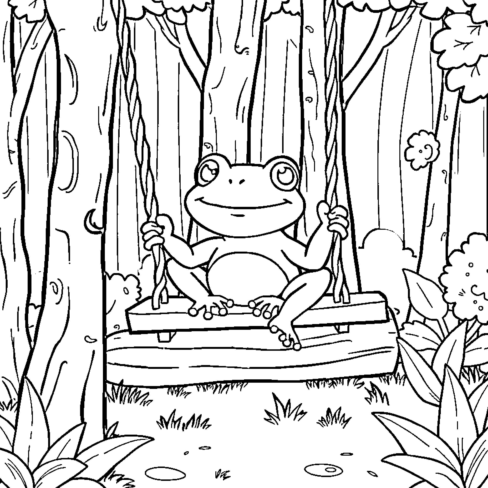 Frog enjoying a swing in the forest Coloring Page (free black-and-white line drawing printable PDF for all, from beginners to advanced learners, including children, teens, adults, and seniors)