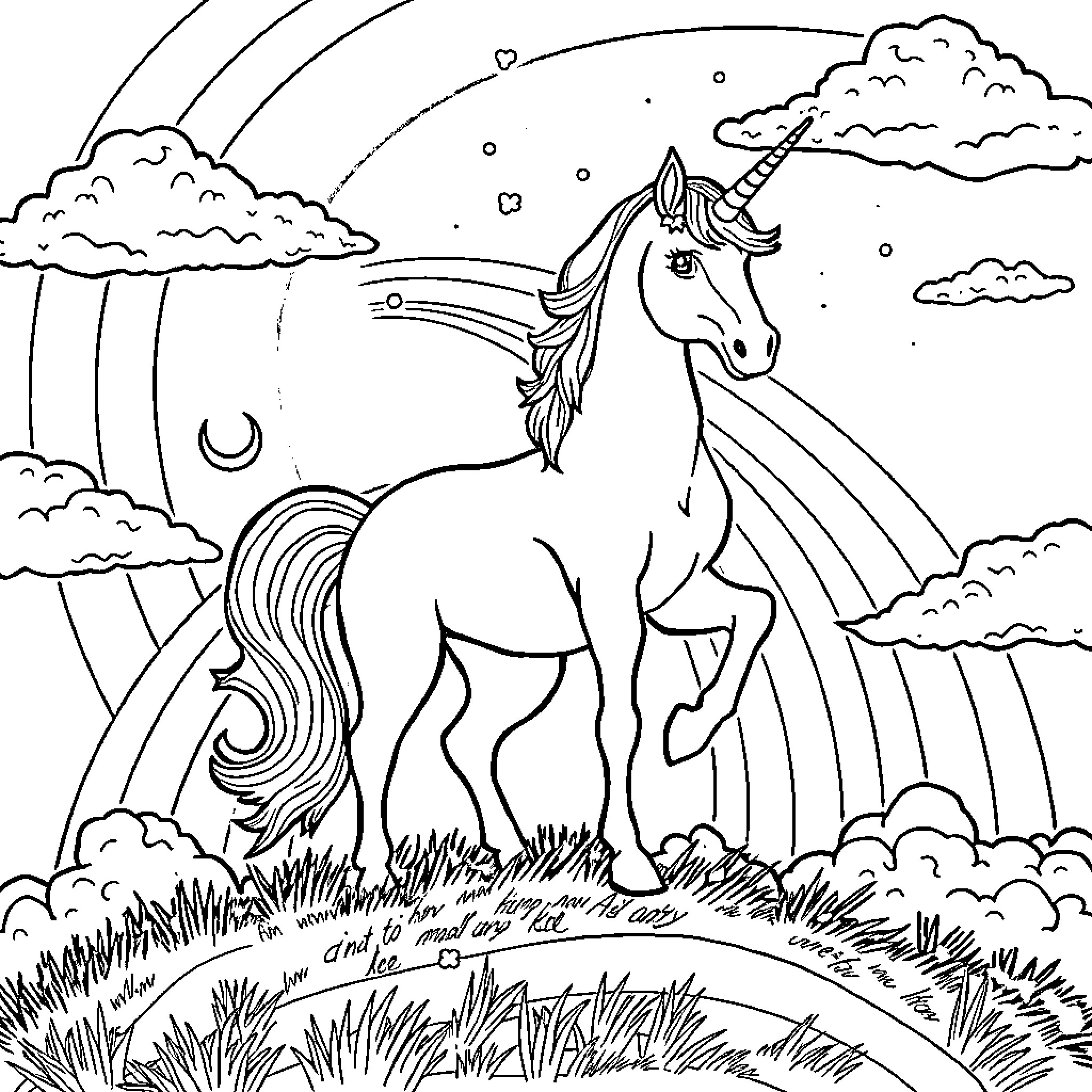 Unicorn standing proudly in a mystical landscape Coloring Page (free black-and-white line drawing printable PDF for all, from beginners to advanced learners, including children, teens, adults, and seniors)