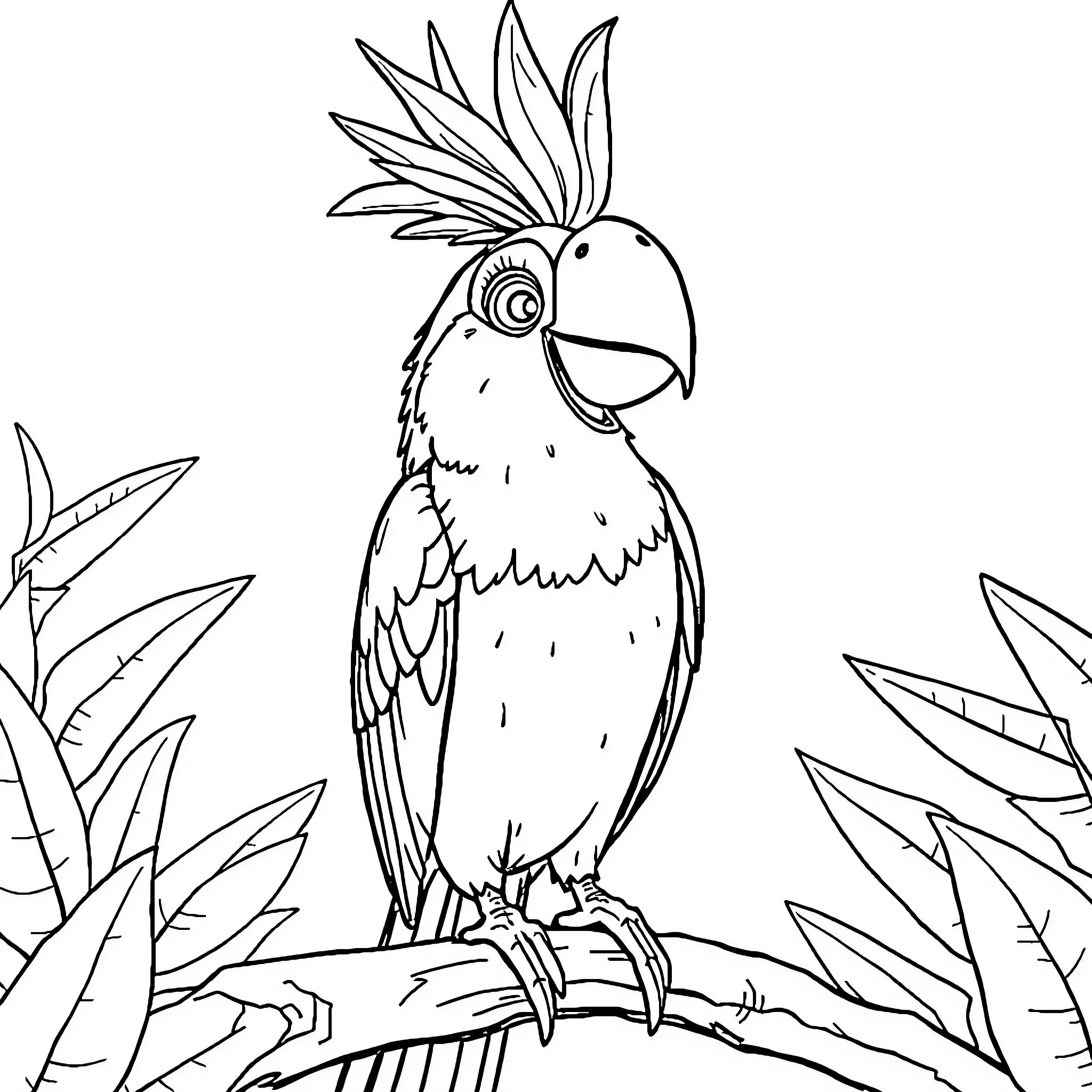 Parrot posing proudly on branch with tropical leaves Coloring Page (free black-and-white line drawing printable PDF for all, from beginners to advanced learners, including children, teens, adults, and seniors)