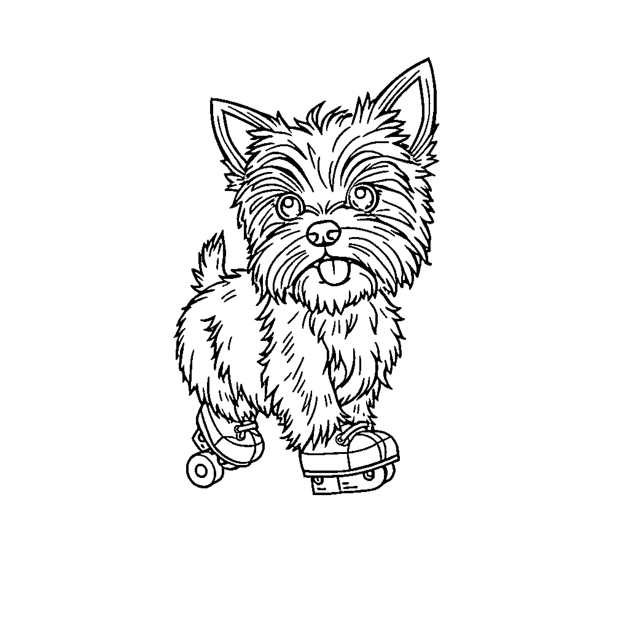 Yorkshire Terrier Puppy in Skateboard Coloring Page (free black-and-white line drawing printable PDF for all, from beginners to advanced learners, including children, teens, adults, and seniors)