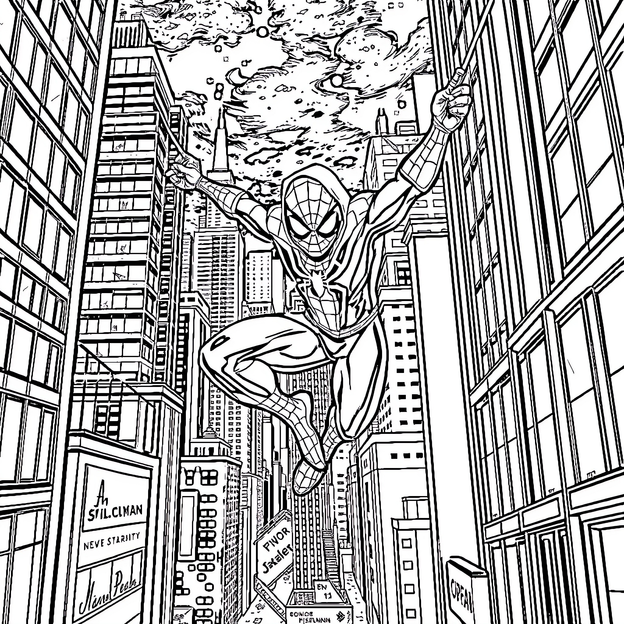 Spiderman swinging through the city skyline Coloring Page (free black-and-white line drawing printable PDF for all, from beginners to advanced learners, including children, teens, adults, and seniors)