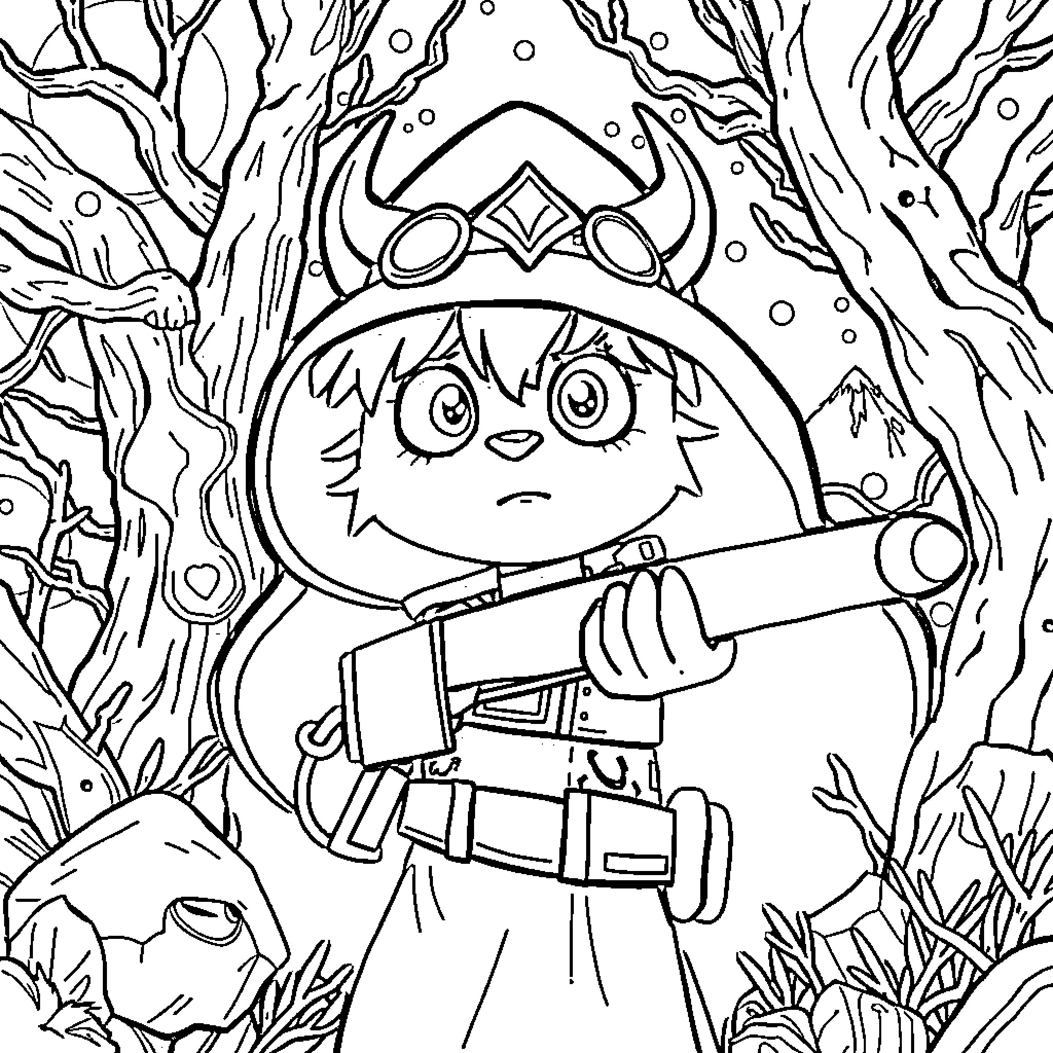 Huntrix Adventuring through the Enchanted Forest Coloring Page (free black-and-white line drawing printable PDF for all, from beginners to advanced learners, including children, teens, adults, and seniors)