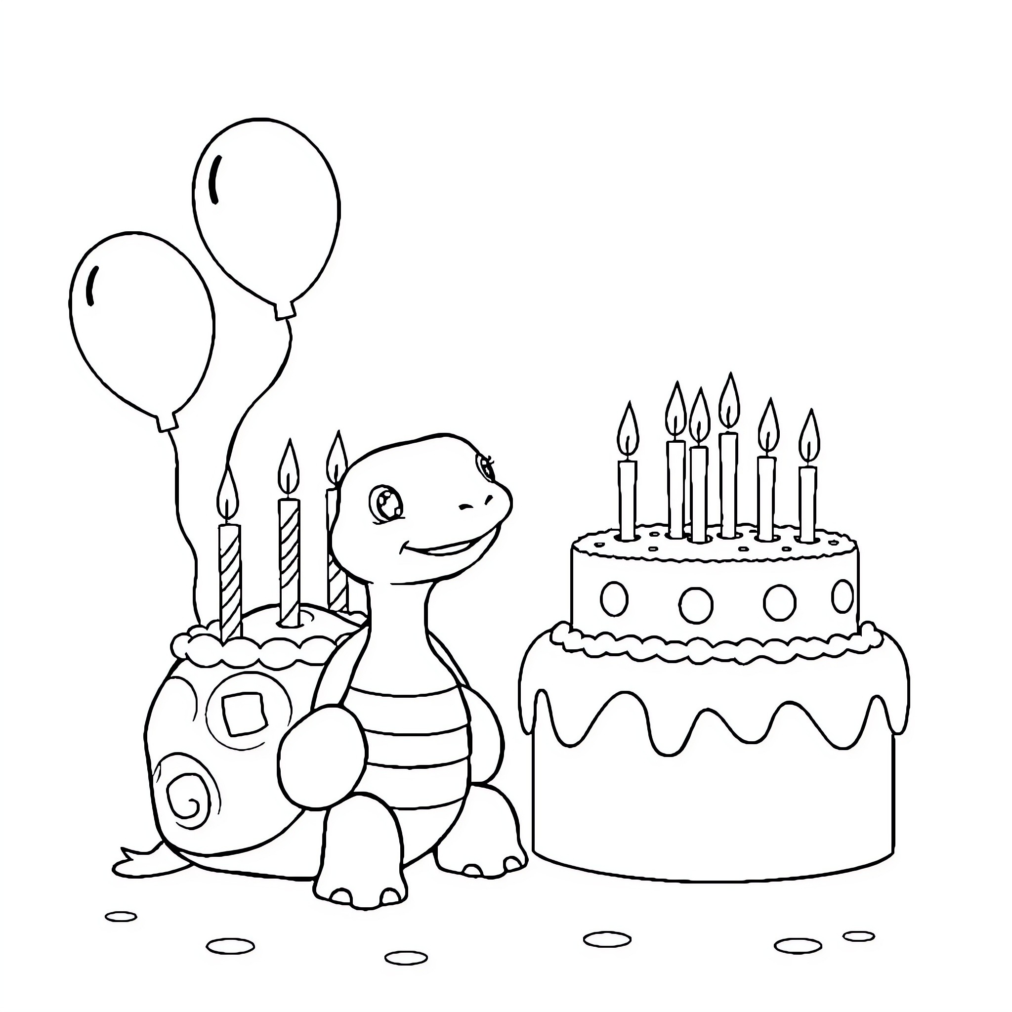 Turtle celebrating with birthday cake and balloons Coloring Page (free black-and-white line drawing printable PDF for all, from beginners to advanced learners, including children, teens, adults, and seniors)