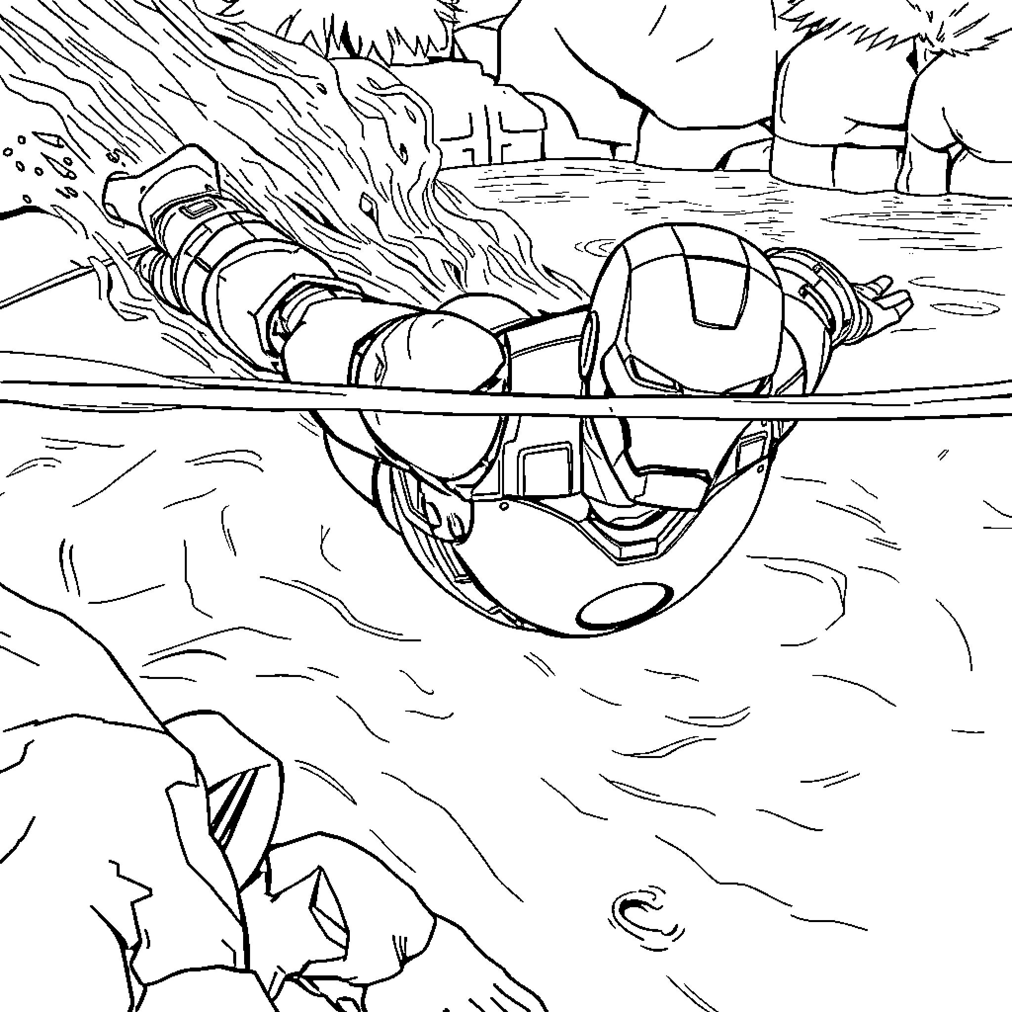 Ironman rescuing from dangerous situation Coloring Page (free black-and-white line drawing printable PDF for all, from beginners to advanced learners, including children, teens, adults, and seniors)