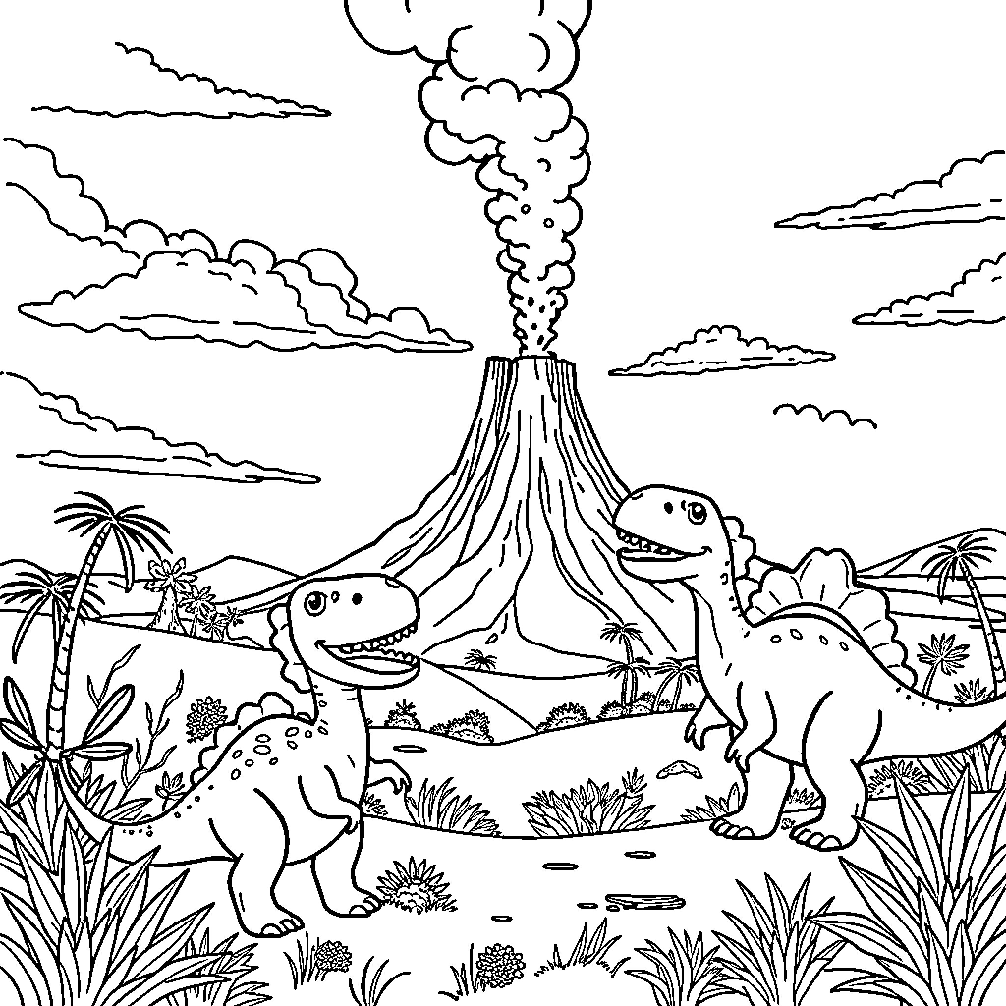 Dinosaurs playing near an erupting volcano Coloring Page (free black-and-white line drawing printable PDF for all, from beginners to advanced learners, including children, teens, adults, and seniors)