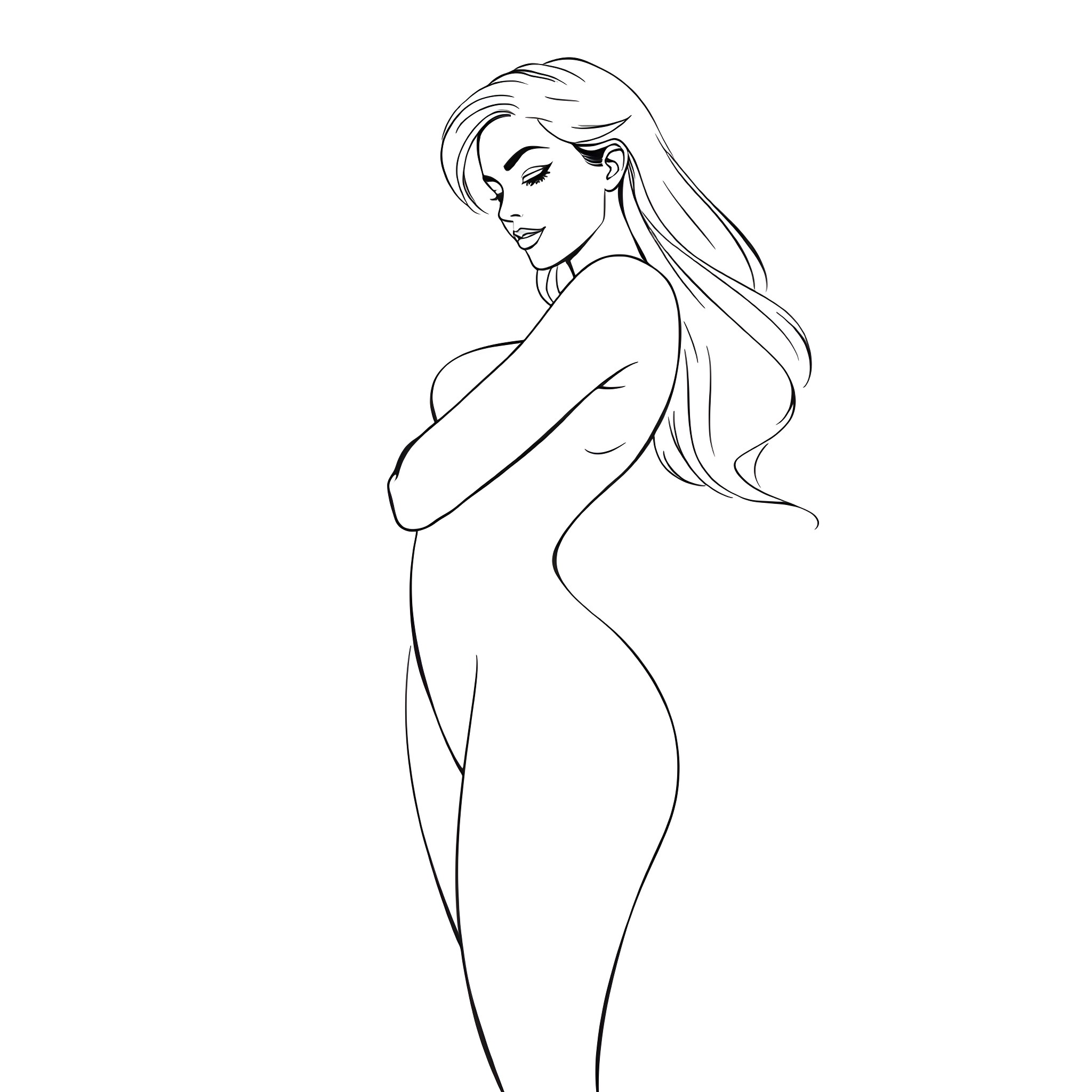 Female figure with long hair in profile Coloring Page (free black-and-white line drawing printable PDF for all, from beginners to advanced learners, including children, teens, adults, and seniors)