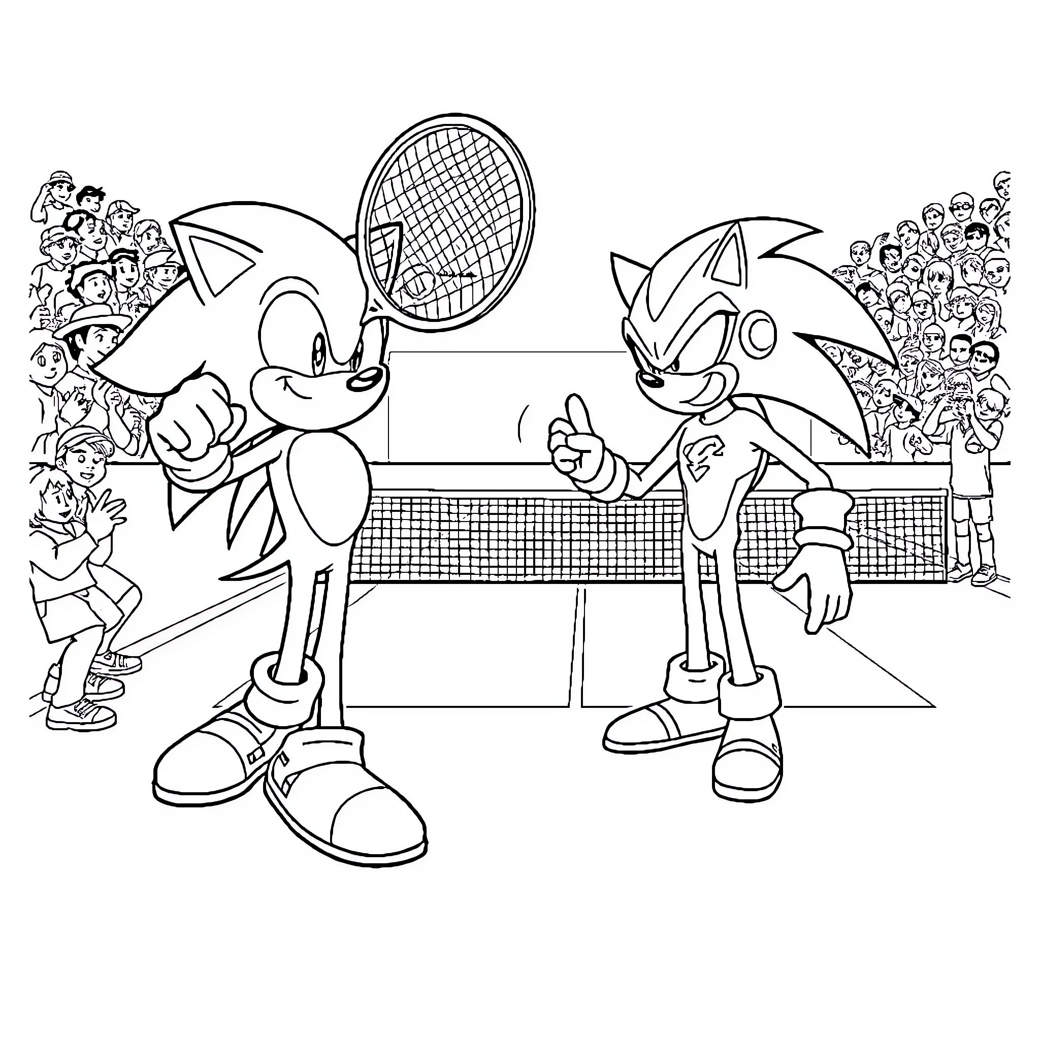 Sonic characters playing tennis with spectators Coloring Page (free black-and-white line drawing printable PDF for all, from beginners to advanced learners, including children, teens, adults, and seniors)