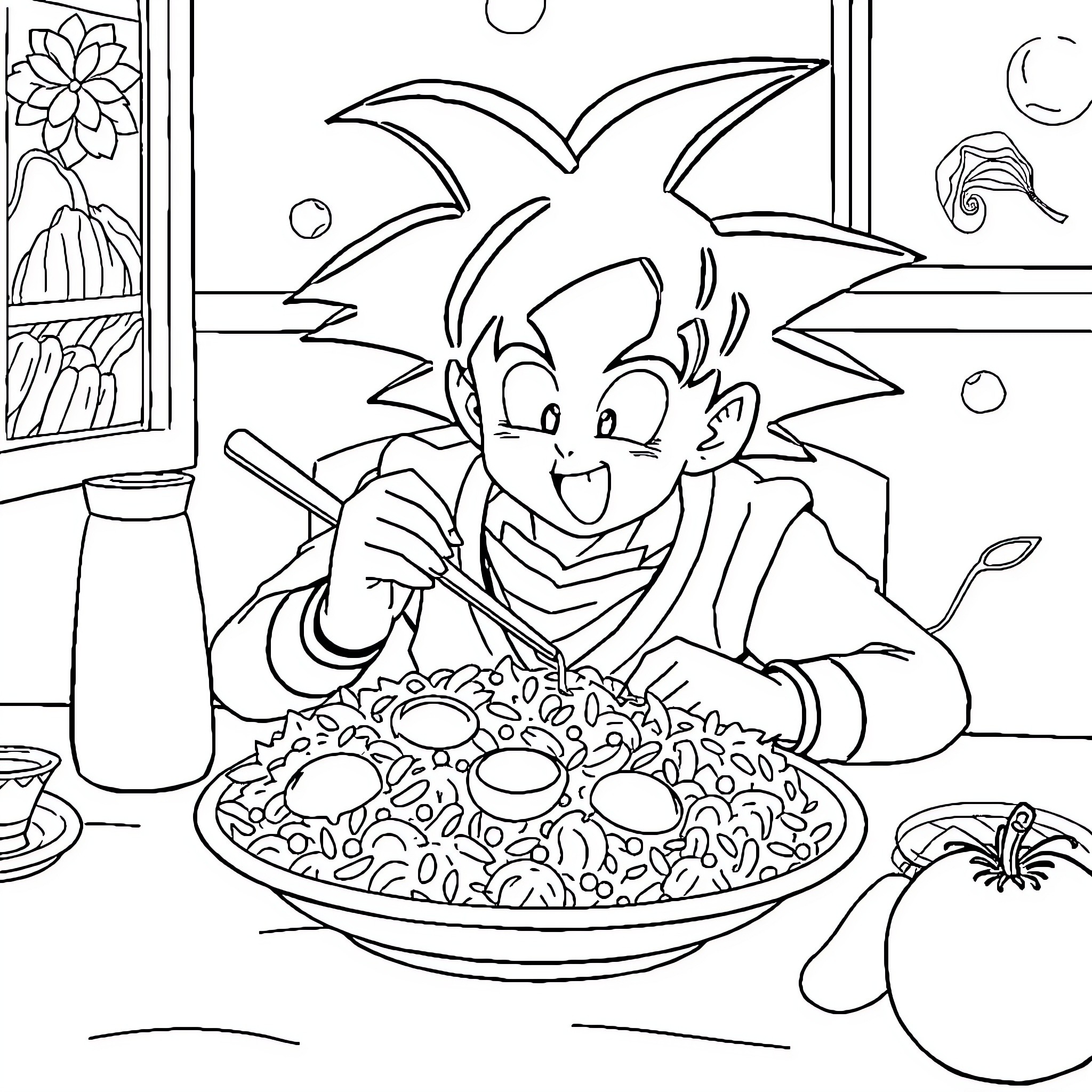 Goku enjoying a hearty meal at home Coloring Page (free black-and-white line drawing printable PDF for all, from beginners to advanced learners, including children, teens, adults, and seniors)