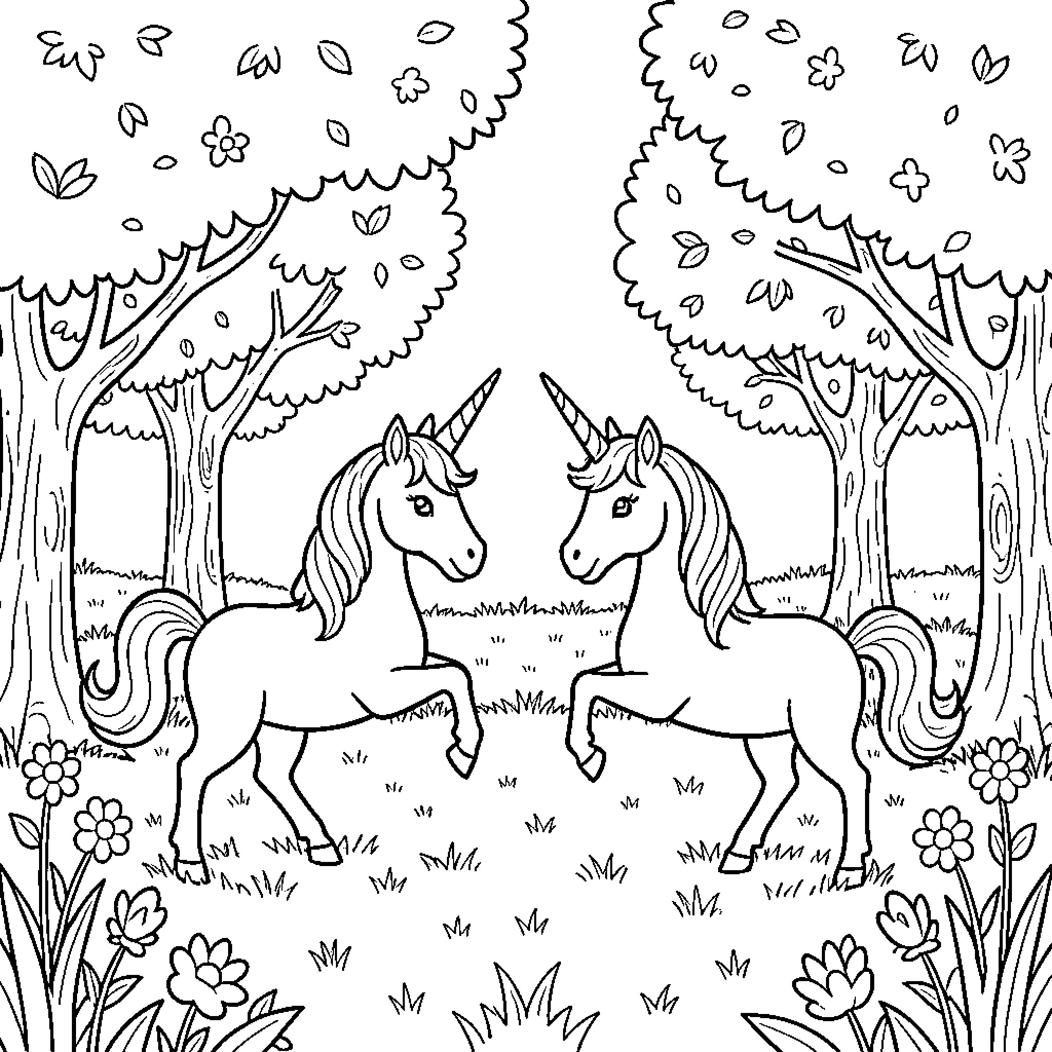 Unicorns facing each other in a magical forest Coloring Page (free black-and-white line drawing printable PDF for all, from beginners to advanced learners, including children, teens, adults, and seniors)