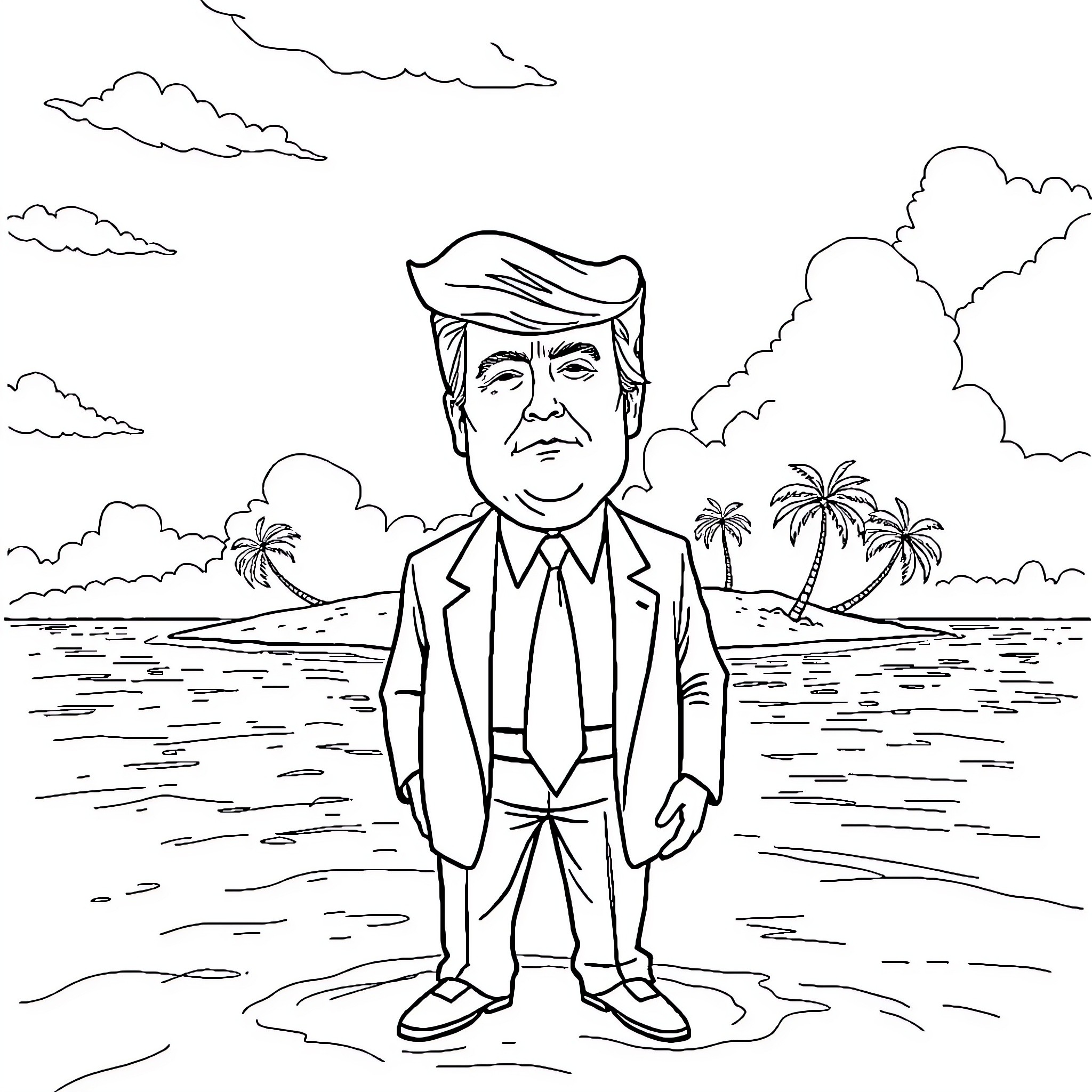 Donald Trump posing confidently on a tropical beach Coloring Page (free black-and-white line drawing printable PDF for all, from beginners to advanced learners, including children, teens, adults, and seniors)