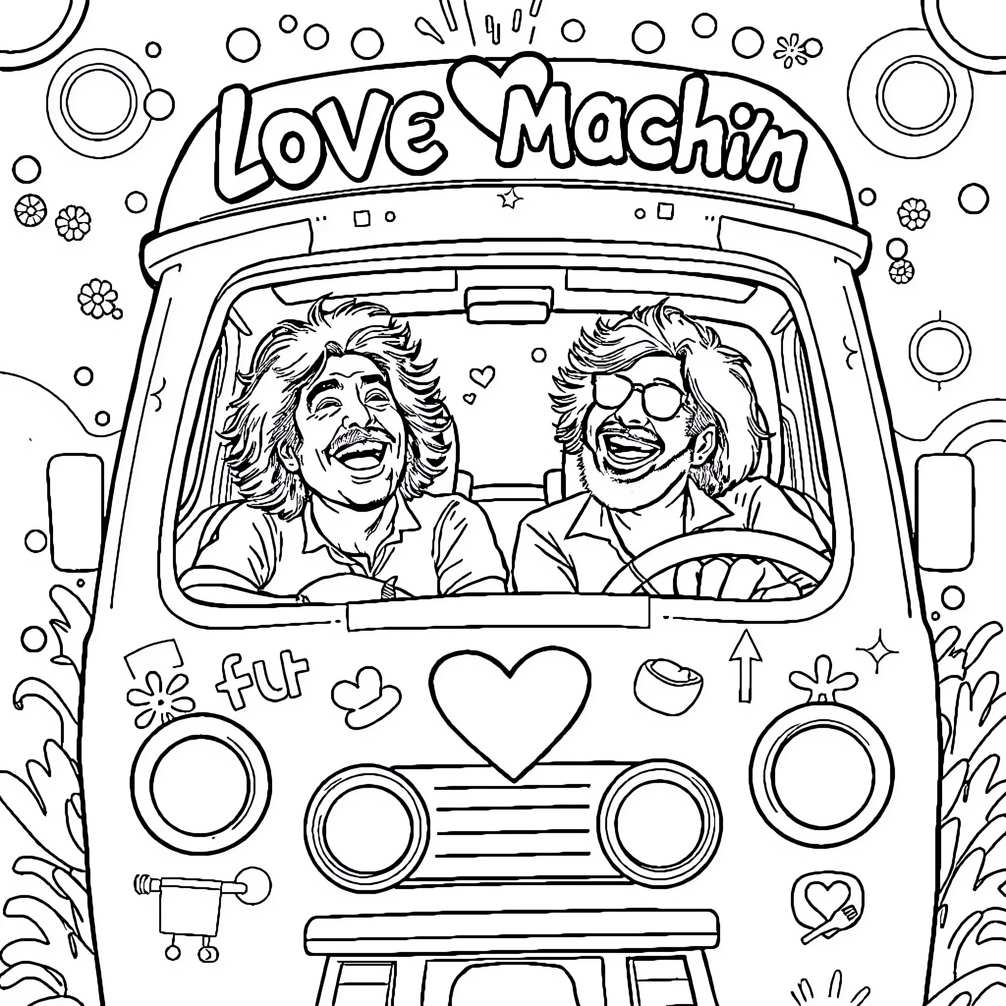 Cheech and Chong's Wacky Road Trip Adventure Coloring Page (free black-and-white line drawing printable PDF for all, from beginners to advanced learners, including children, teens, adults, and seniors)