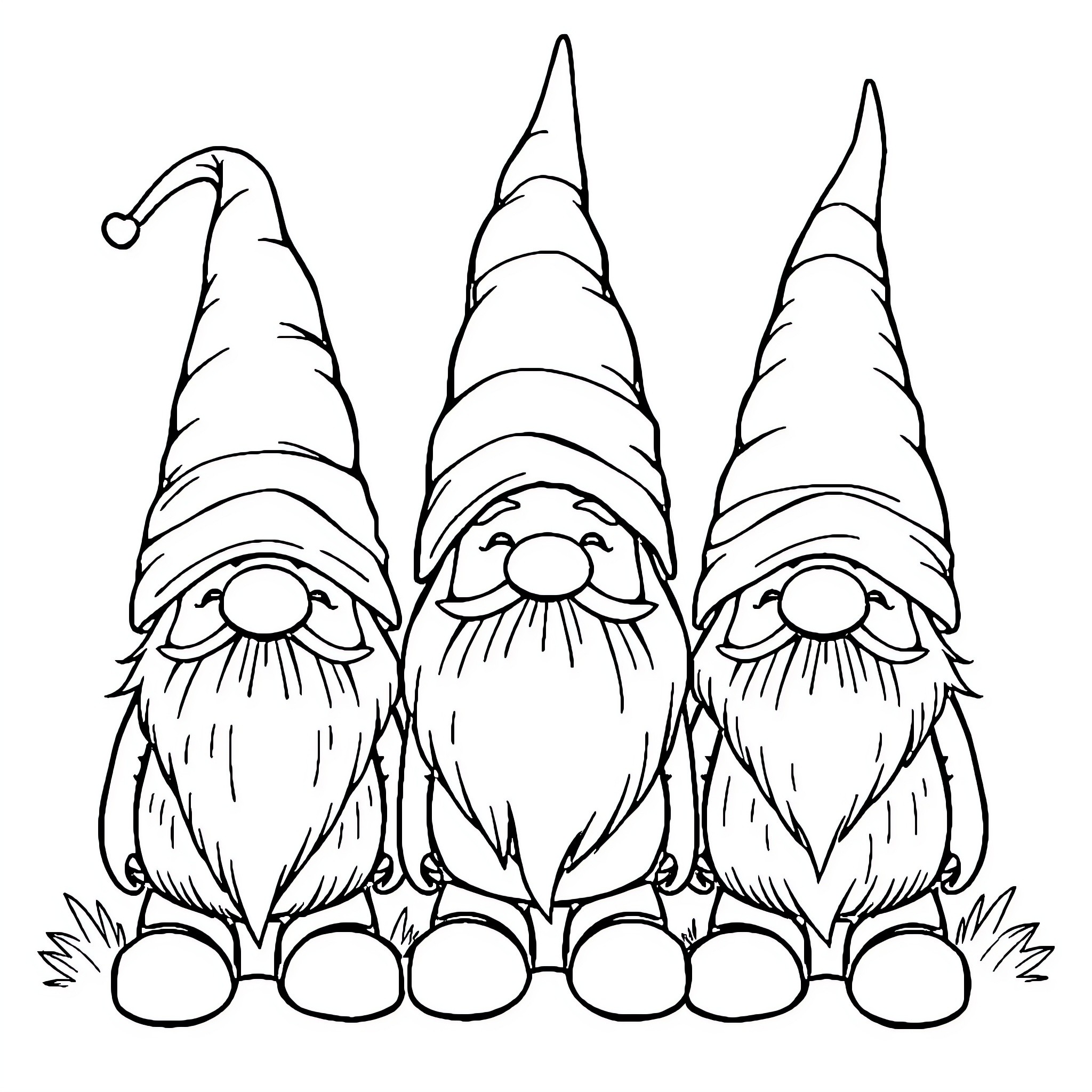 Gnomes with whimsical hats enjoying nature Coloring Page (free black-and-white line drawing printable PDF for all, from beginners to advanced learners, including children, teens, adults, and seniors)