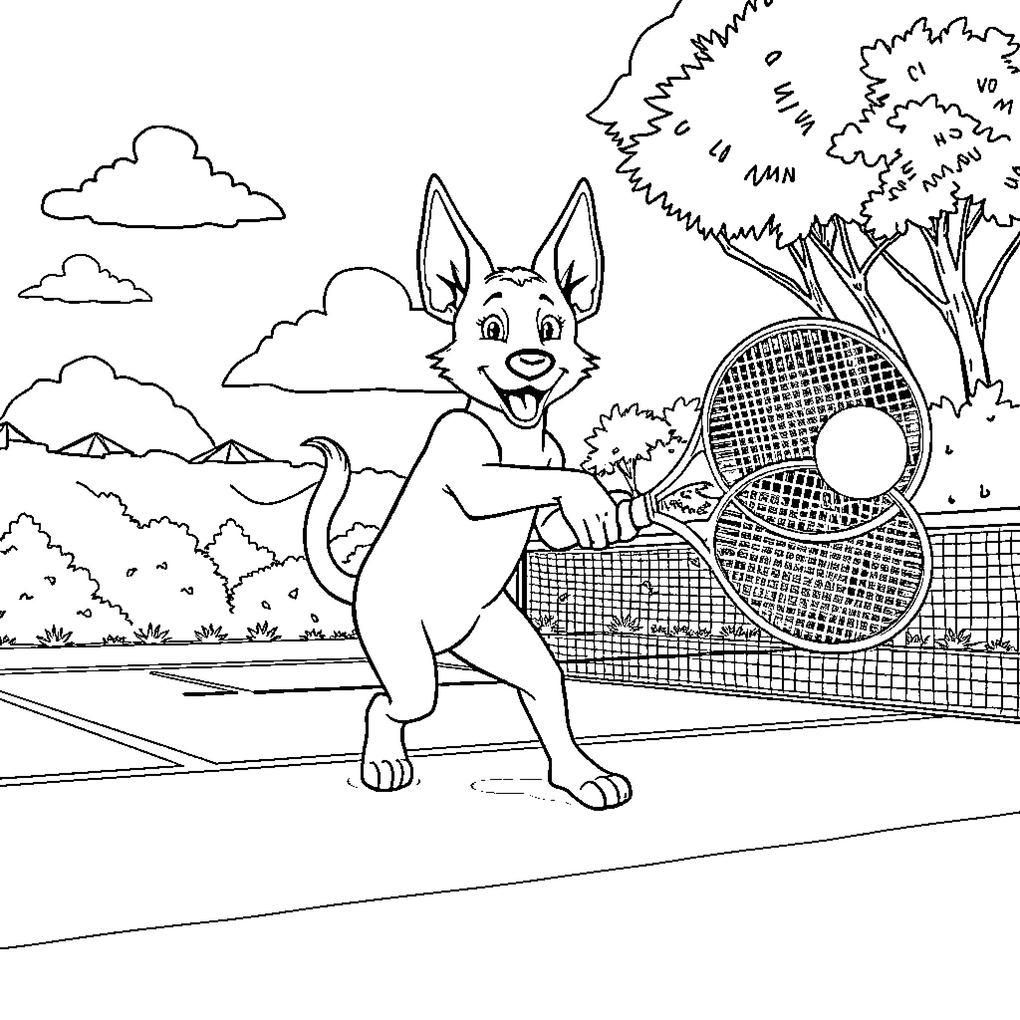 Huntrix playing tennis in outdoor court Coloring Page (free black-and-white line drawing printable PDF for all, from beginners to advanced learners, including children, teens, adults, and seniors)