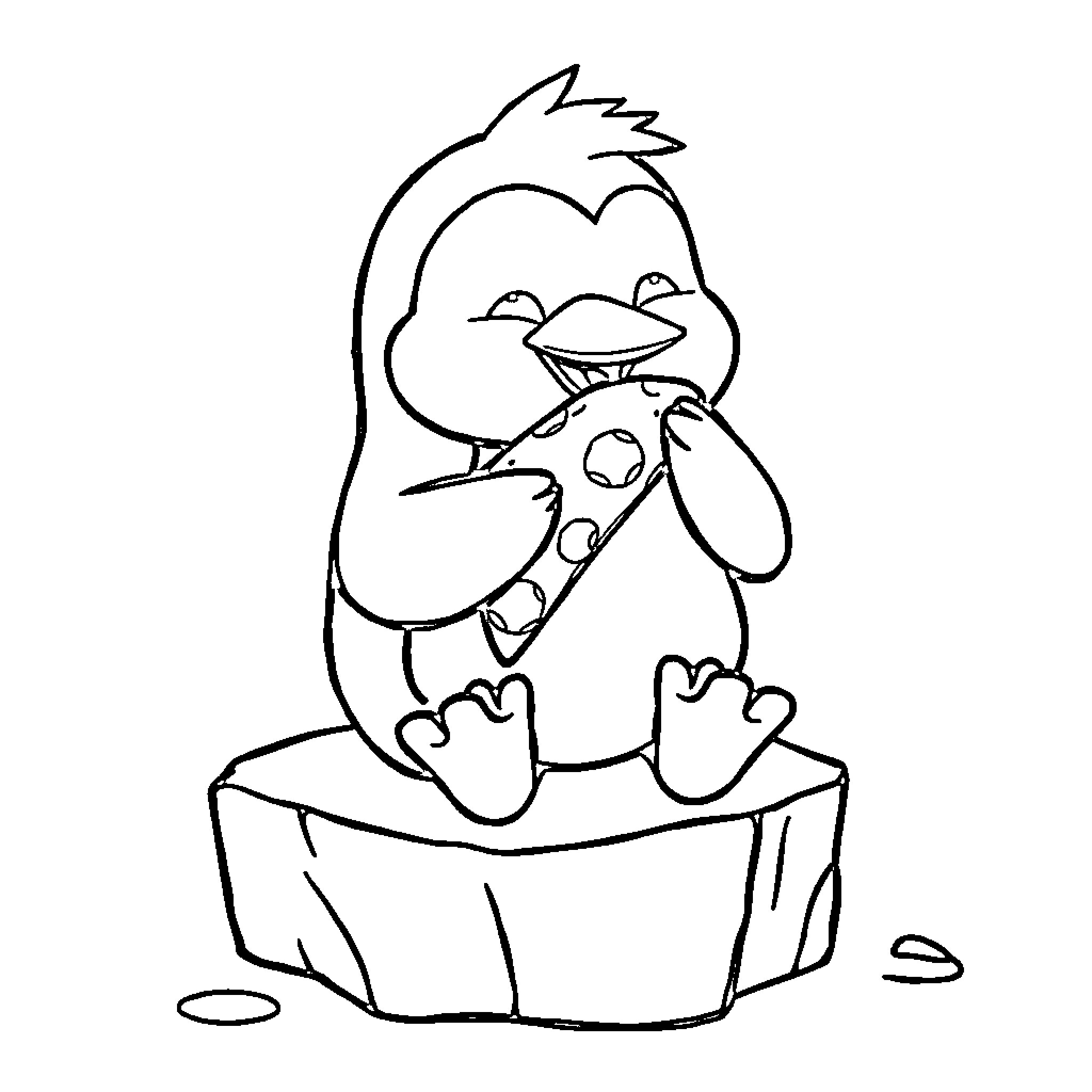 Penguin sitting on rock and eating Coloring Page (free black-and-white line drawing printable PDF for all, from beginners to advanced learners, including children, teens, adults, and seniors)