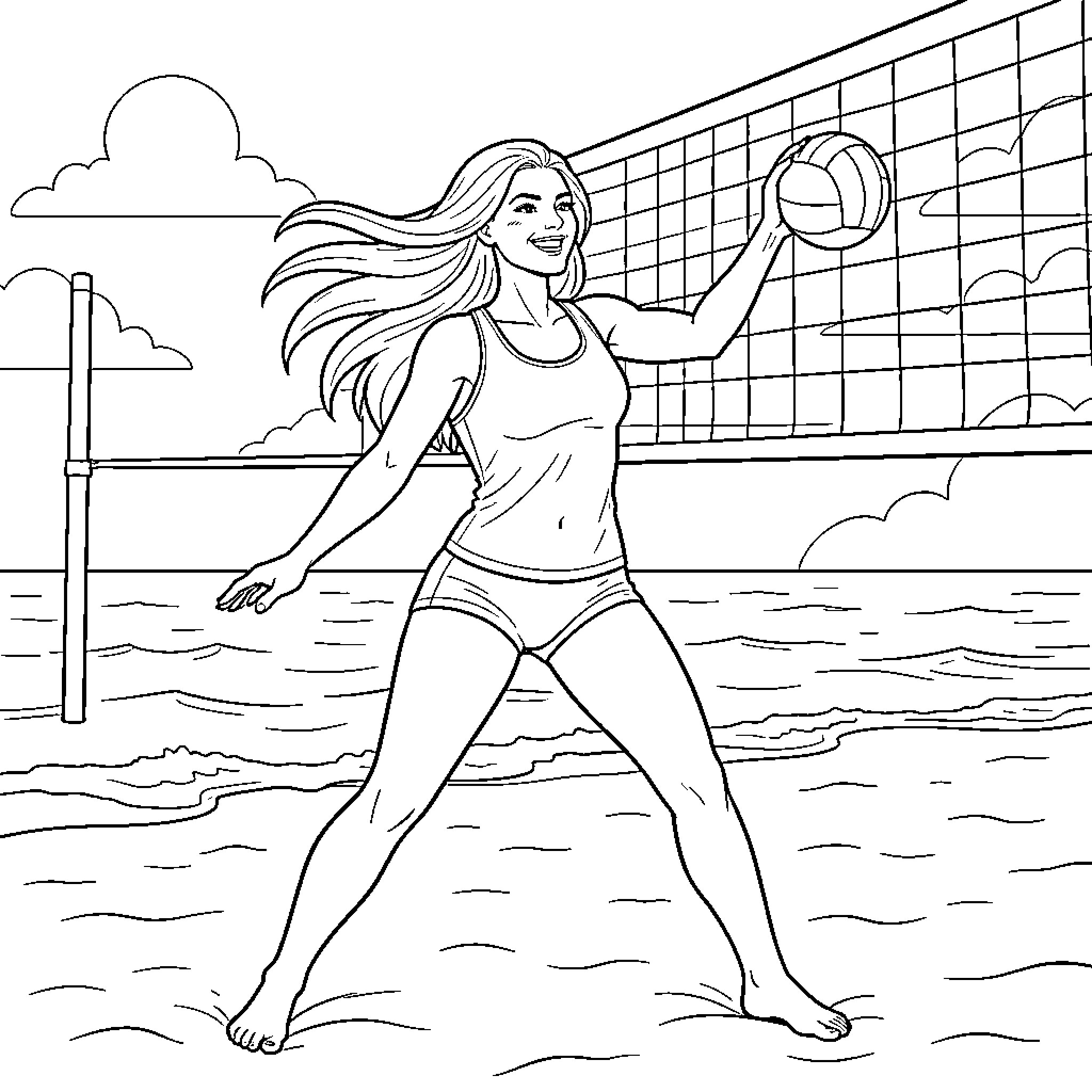 Model playing beach volleyball on the sand Coloring Page (free black-and-white line drawing printable PDF for all, from beginners to advanced learners, including children, teens, adults, and seniors)