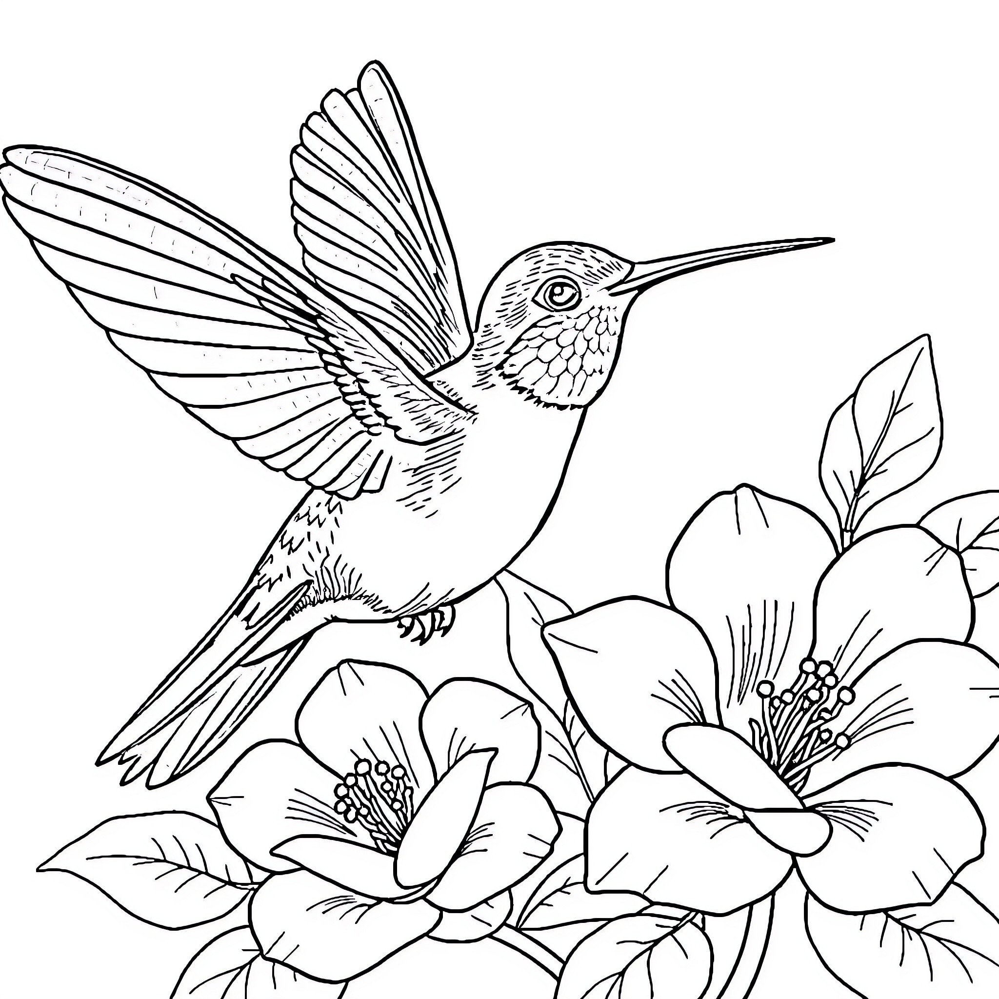 Hummingbird hovering amid blooming flowers Coloring Page (free black-and-white line drawing printable PDF for all, from beginners to advanced learners, including children, teens, adults, and seniors)