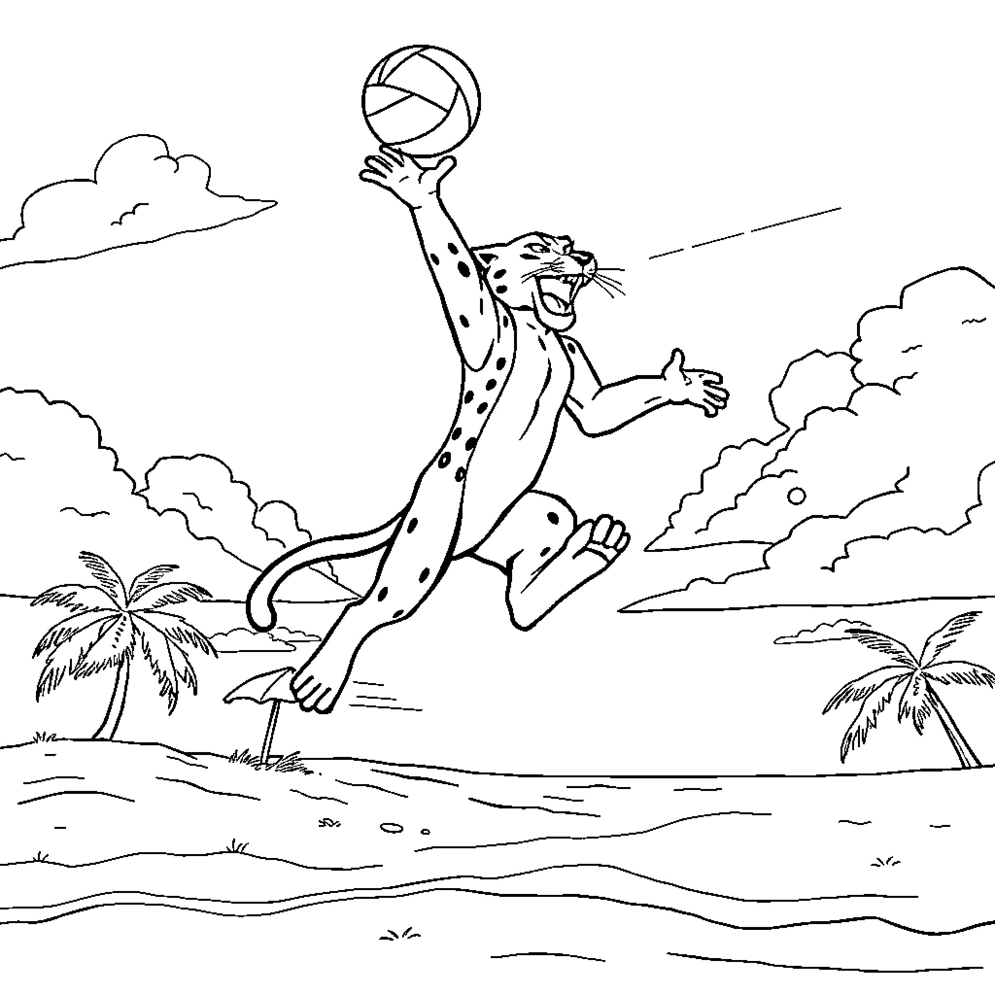 Panther leaping and playing with ball on tropical beach Coloring Page (free black-and-white line drawing printable PDF for all, from beginners to advanced learners, including children, teens, adults, and seniors)