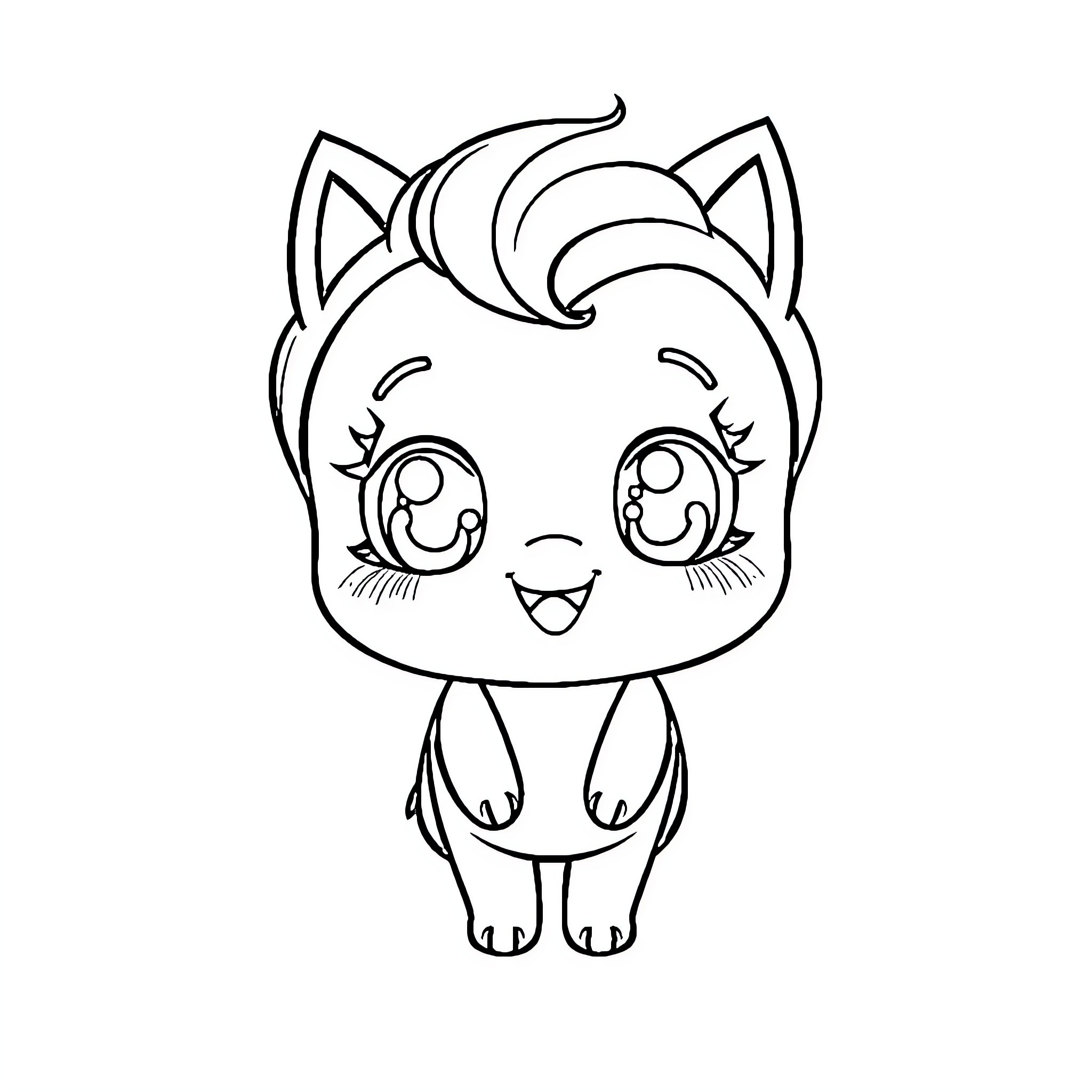 Kawai Playful Kitten in Outline Coloring Page (free black-and-white line drawing printable PDF for all, from beginners to advanced learners, including children, teens, adults, and seniors)