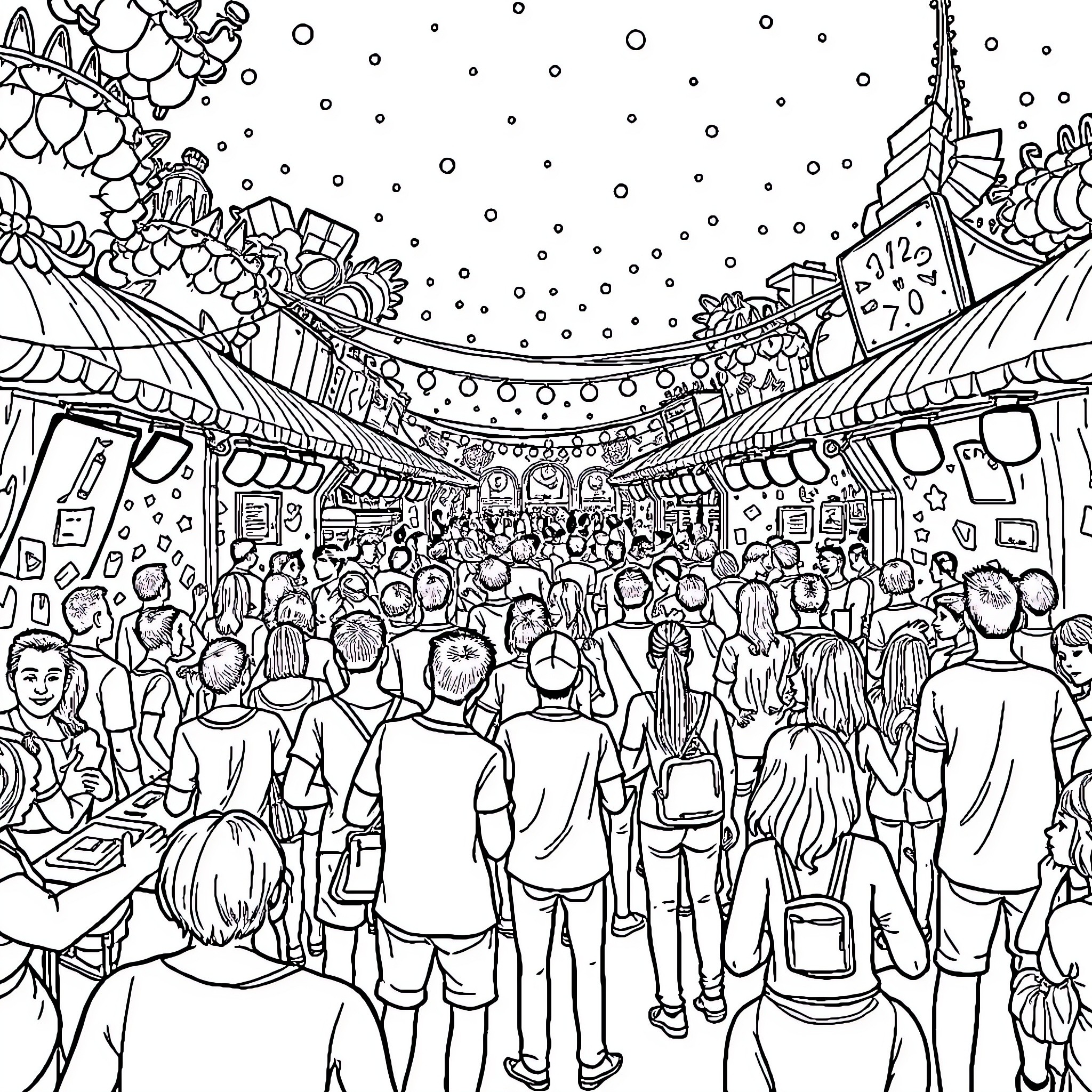 Unio Bustling Festivities in a Crowded Urban Setting Coloring Page (free black-and-white line drawing printable PDF for all, from beginners to advanced learners, including children, teens, adults, and seniors)
