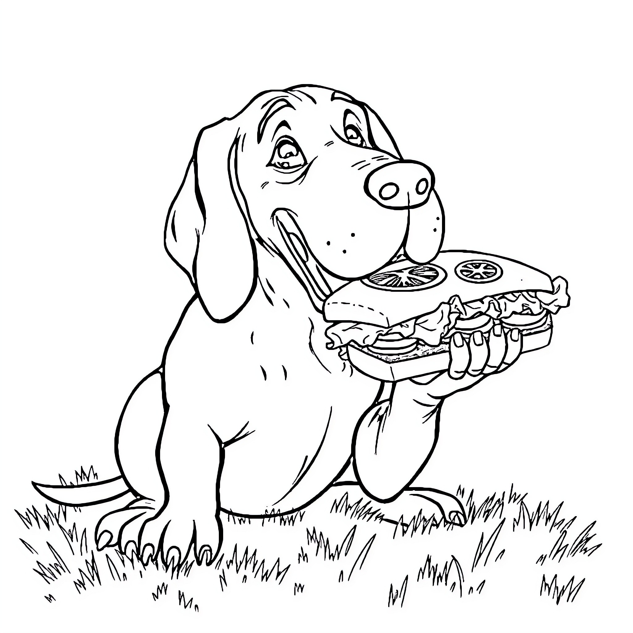Bloodhound Carrying Tasty Snacks in the Grass Coloring Page (free black-and-white line drawing printable PDF for all, from beginners to advanced learners, including children, teens, adults, and seniors)