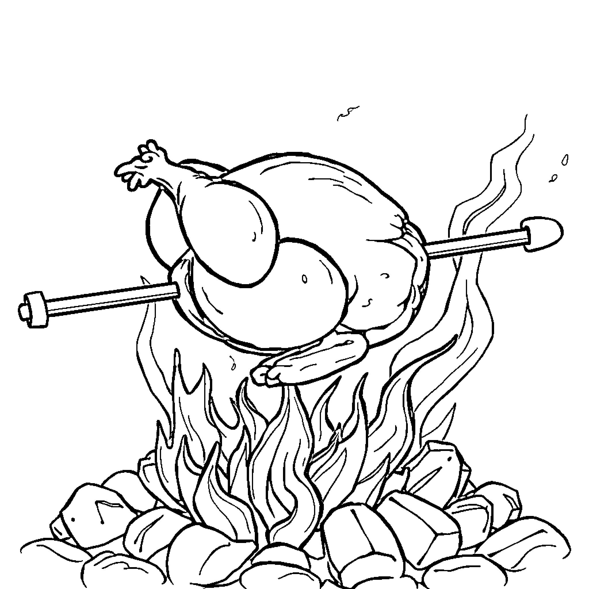 Chicken Roasted Over Campfire Coloring Page (free black-and-white line drawing printable PDF for all, from beginners to advanced learners, including children, teens, adults, and seniors)