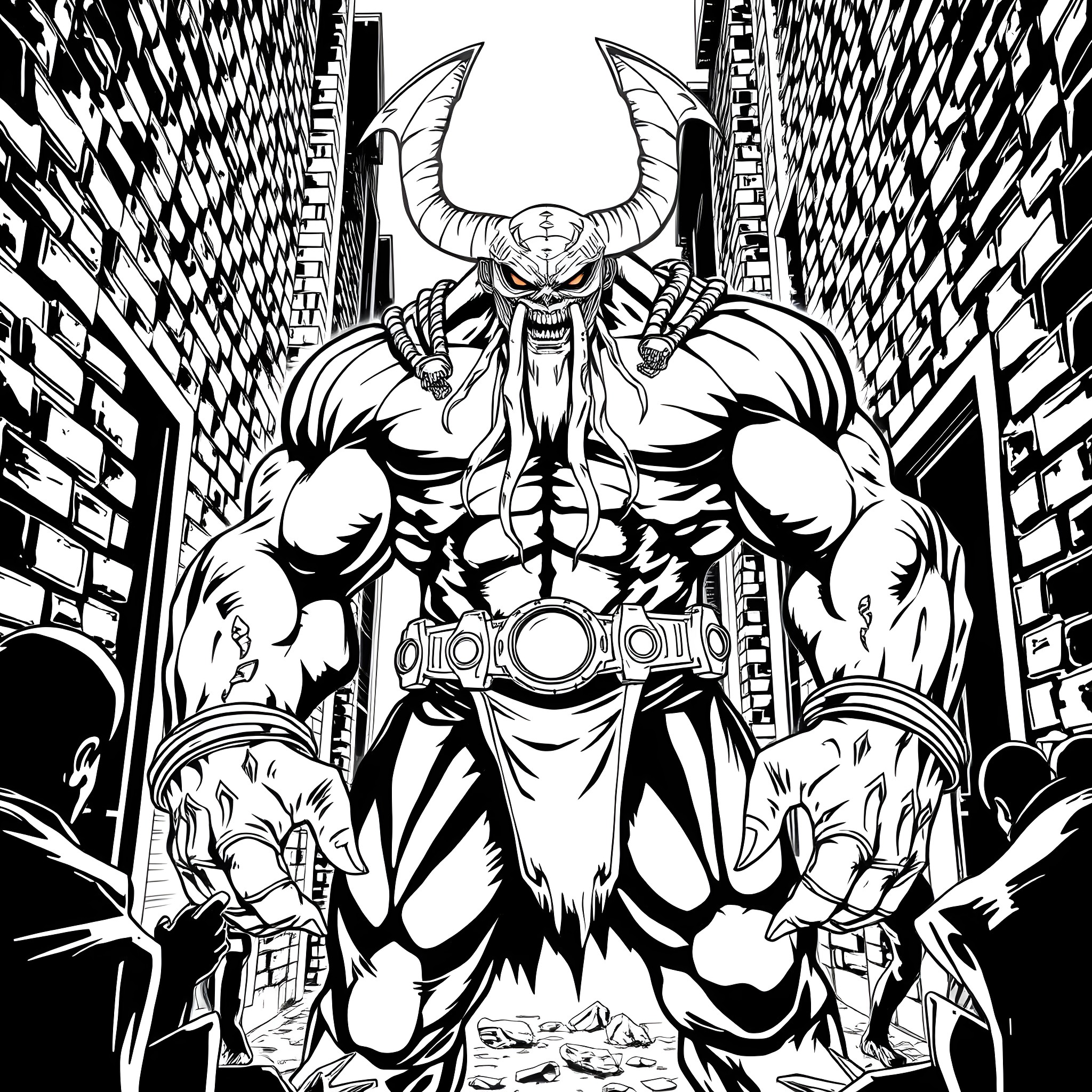 Bane's Menacing Presence in the City Coloring Page (free black-and-white line drawing printable PDF for all, from beginners to advanced learners, including children, teens, adults, and seniors)
