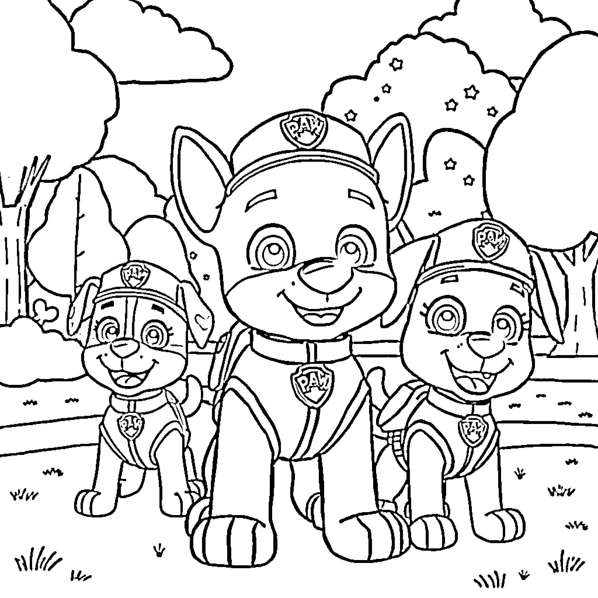Bluey and Paw Patrol Pups on Patrol Coloring Page (free black-and-white line drawing printable PDF for all, from beginners to advanced learners, including children, teens, adults, and seniors)