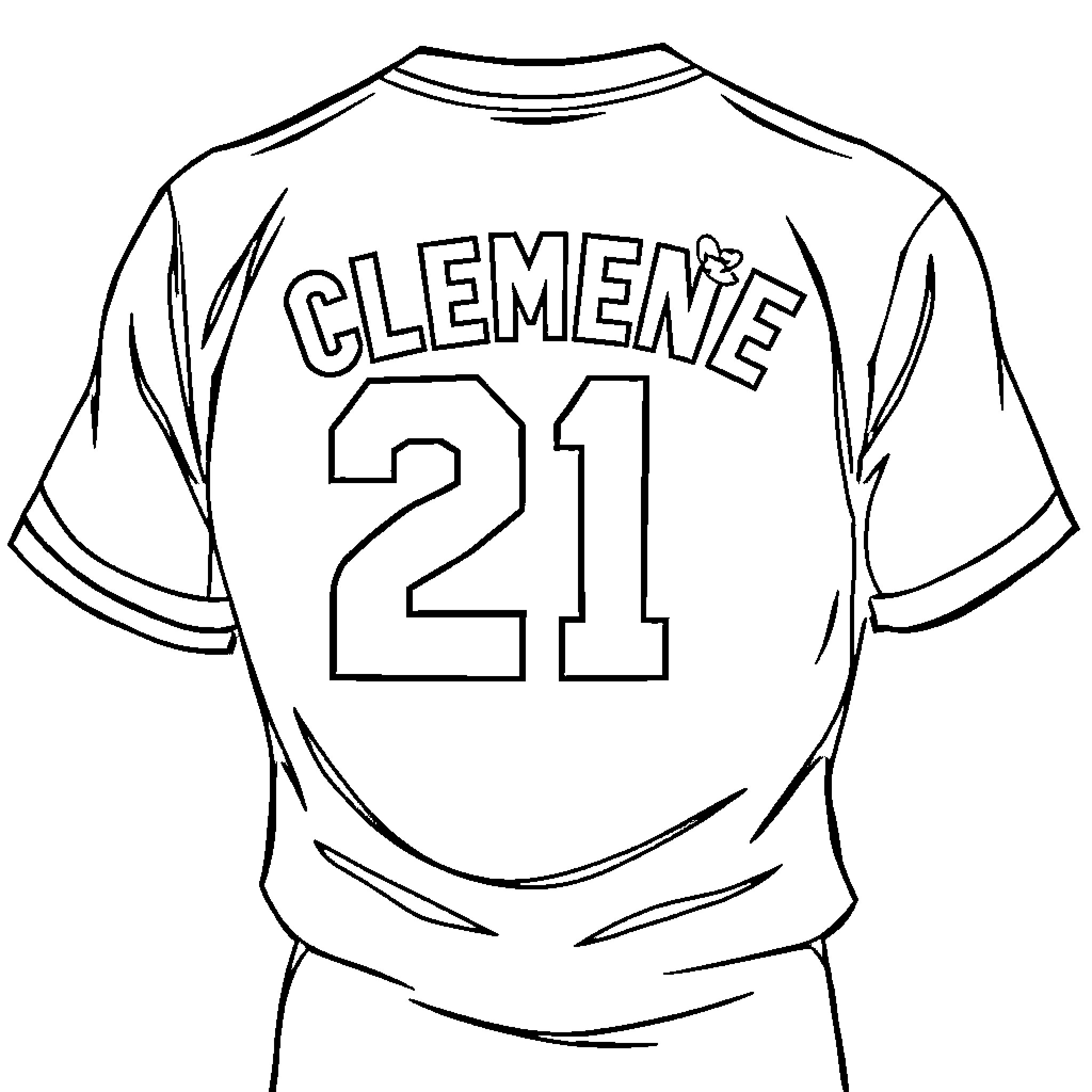Roberto Clemente wearing baseball jersey with number 21 Coloring Page (free black-and-white line drawing printable PDF for all, from beginners to advanced learners, including children, teens, adults, and seniors)