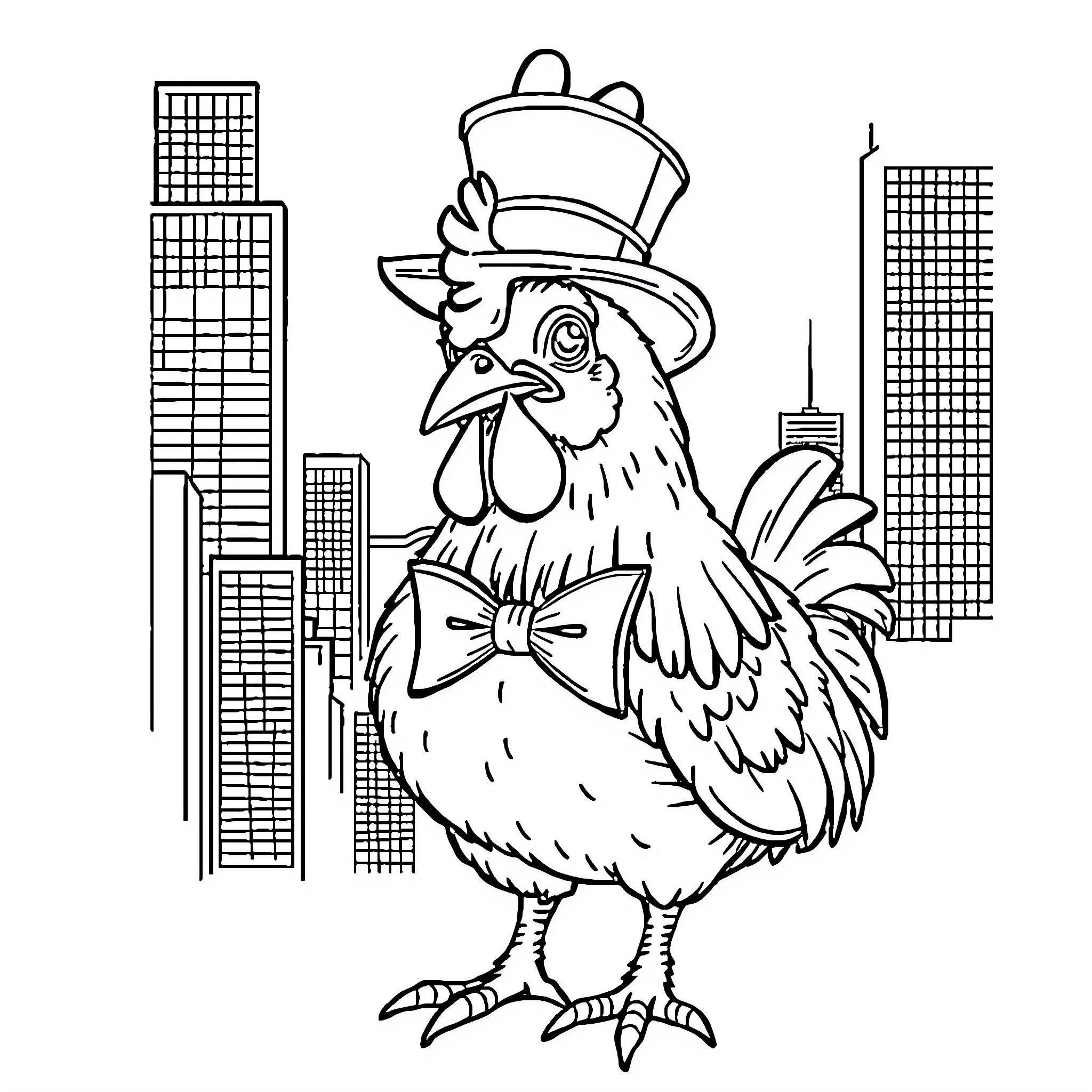 Chicken dressed in formal attire in city setting Coloring Page (free black-and-white line drawing printable PDF for all, from beginners to advanced learners, including children, teens, adults, and seniors)