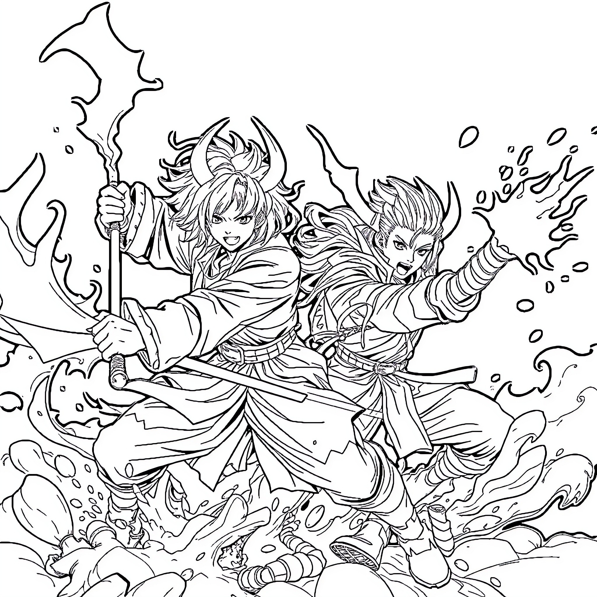 Kpop Characters in Fierce Battle Pose Coloring Page (free black-and-white line drawing printable PDF for all, from beginners to advanced learners, including children, teens, adults, and seniors)