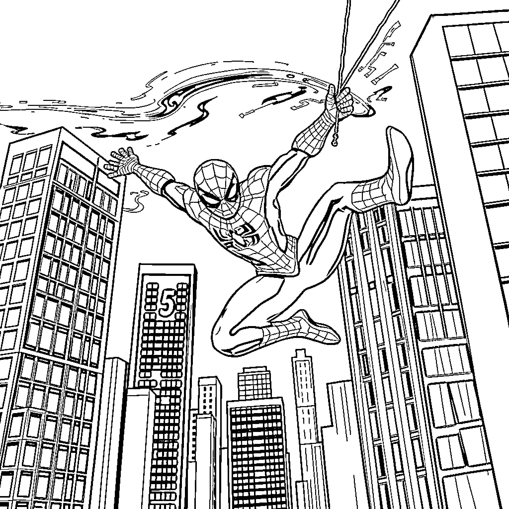 Spiderman swinging through the city skyline Coloring Page (free black-and-white line drawing printable PDF for all, from beginners to advanced learners, including children, teens, adults, and seniors)