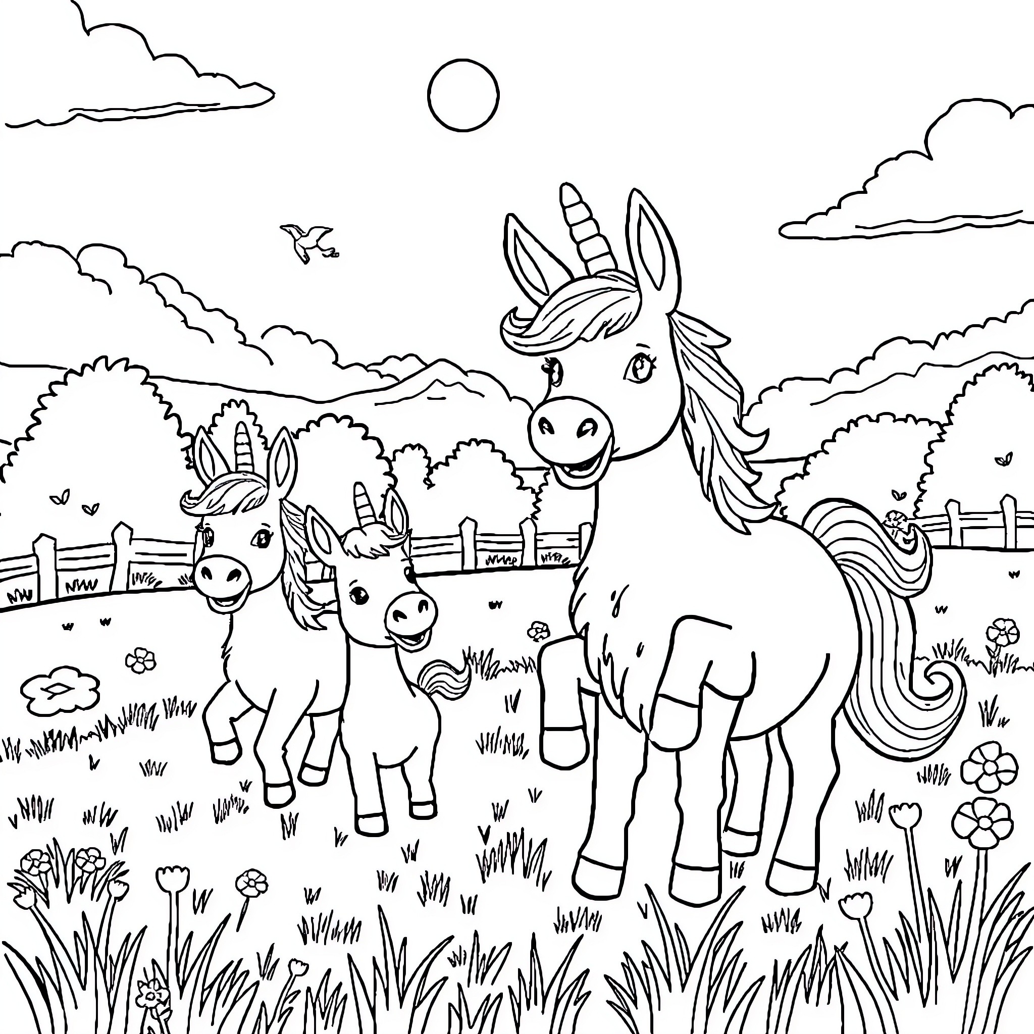 Animalic Herd Grazing in Pastoral Countryside Coloring Page (free black-and-white line drawing printable PDF for all, from beginners to advanced learners, including children, teens, adults, and seniors)
