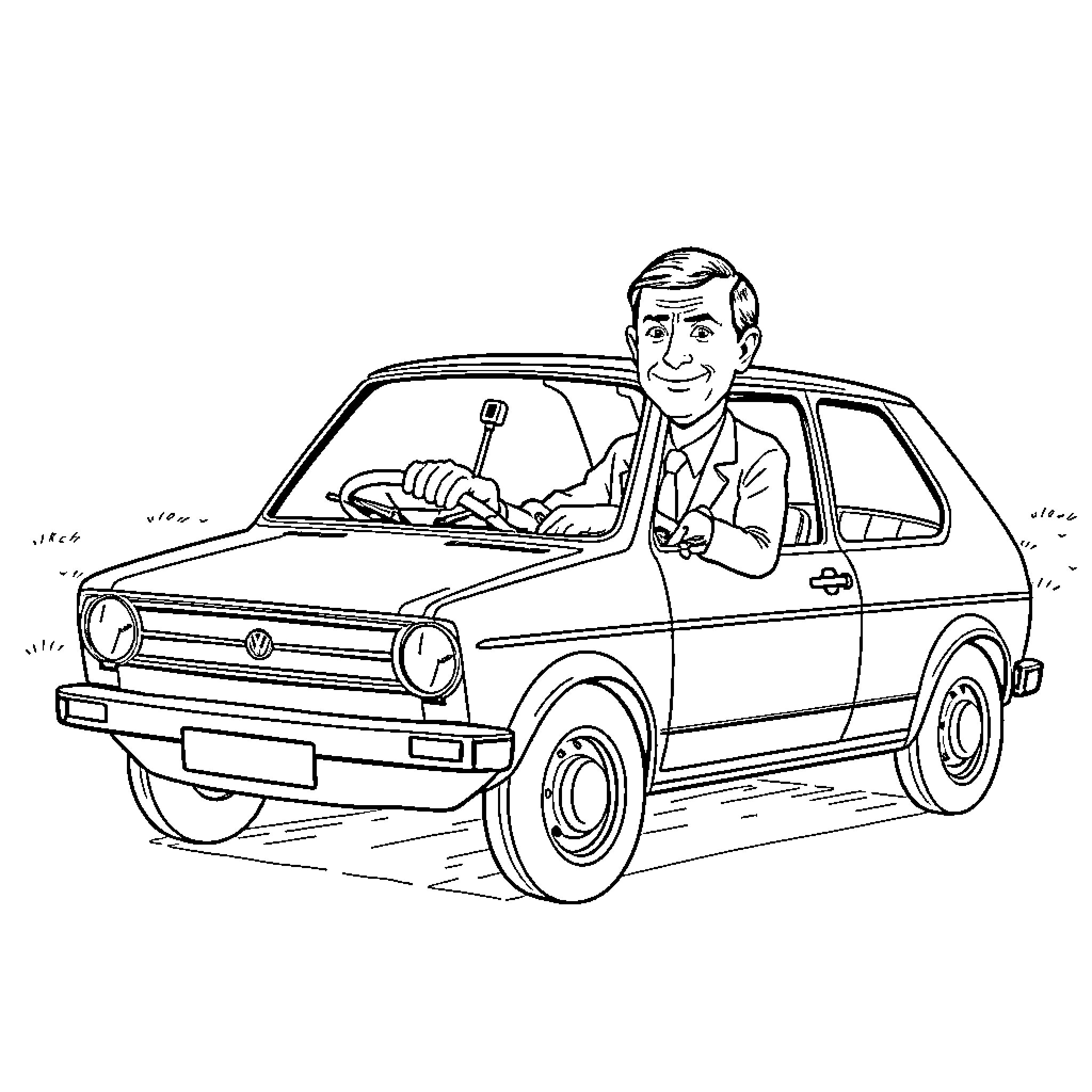 Rick Drives His Compact Car Happily Coloring Page (free black-and-white line drawing printable PDF for all, from beginners to advanced learners, including children, teens, adults, and seniors)