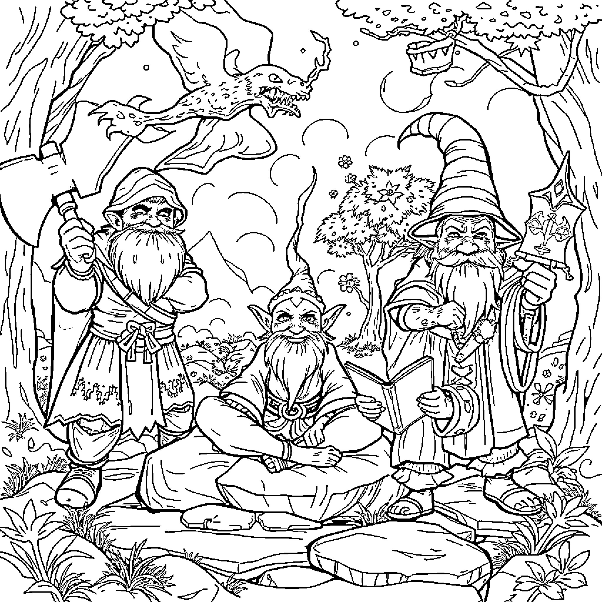 Halfling Wizards and Creatures in a Magical Forest Coloring Page (free black-and-white line drawing printable PDF for all, from beginners to advanced learners, including children, teens, adults, and seniors)