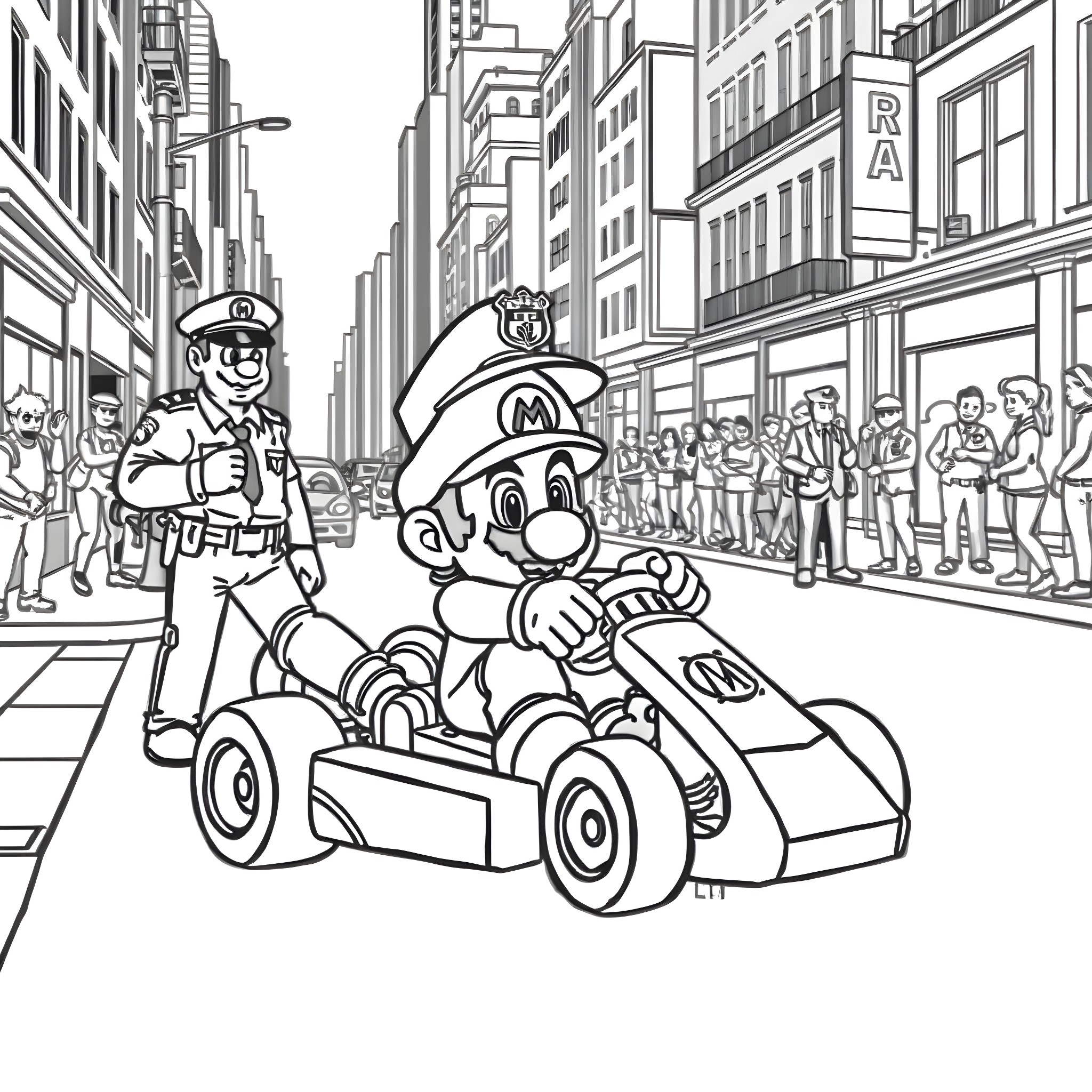 Mario racing through the city streets Coloring Page (free black-and-white line drawing printable PDF for all, from beginners to advanced learners, including children, teens, adults, and seniors)