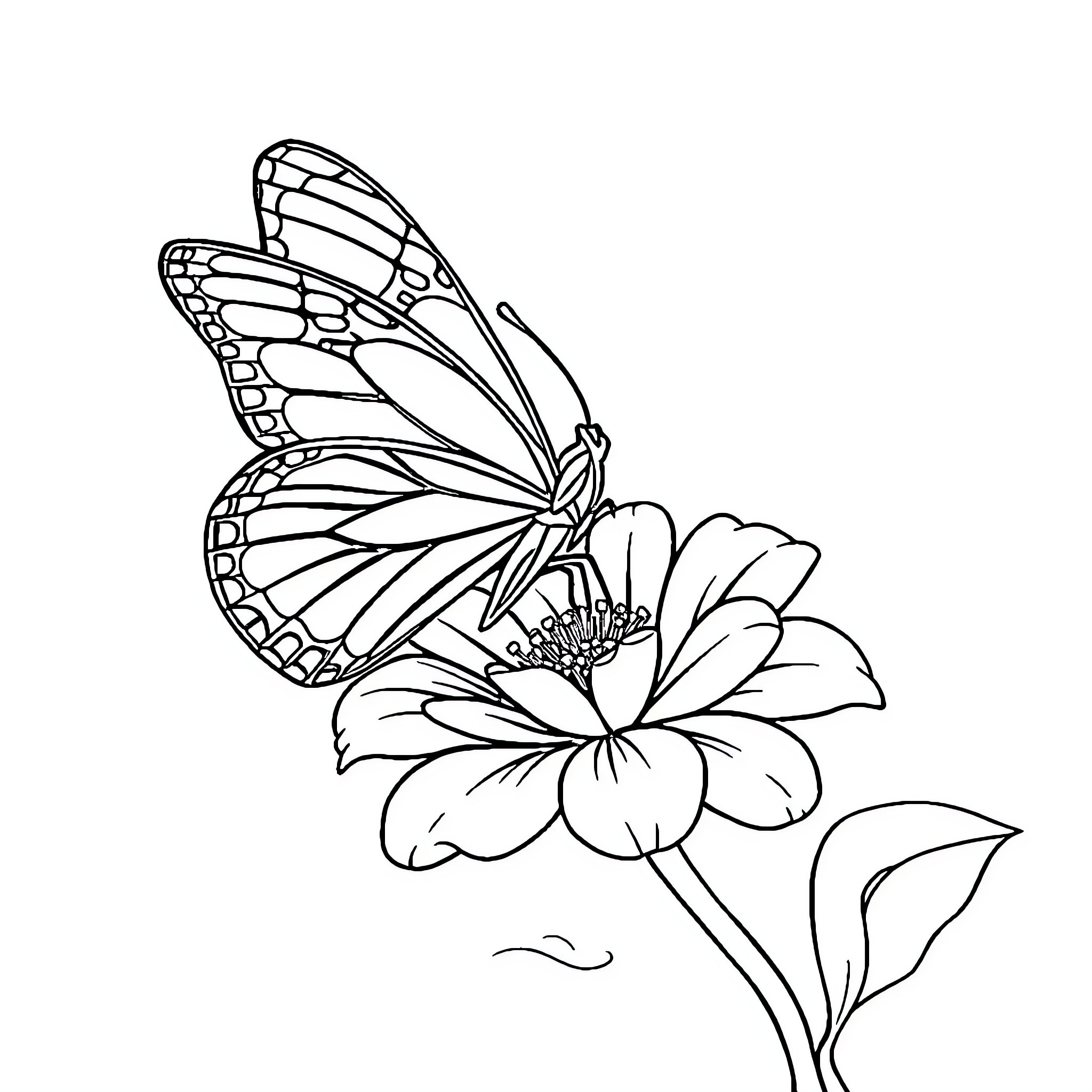 Butterfly perching on delicate flower Coloring Page (free black-and-white line drawing printable PDF for all, from beginners to advanced learners, including children, teens, adults, and seniors)